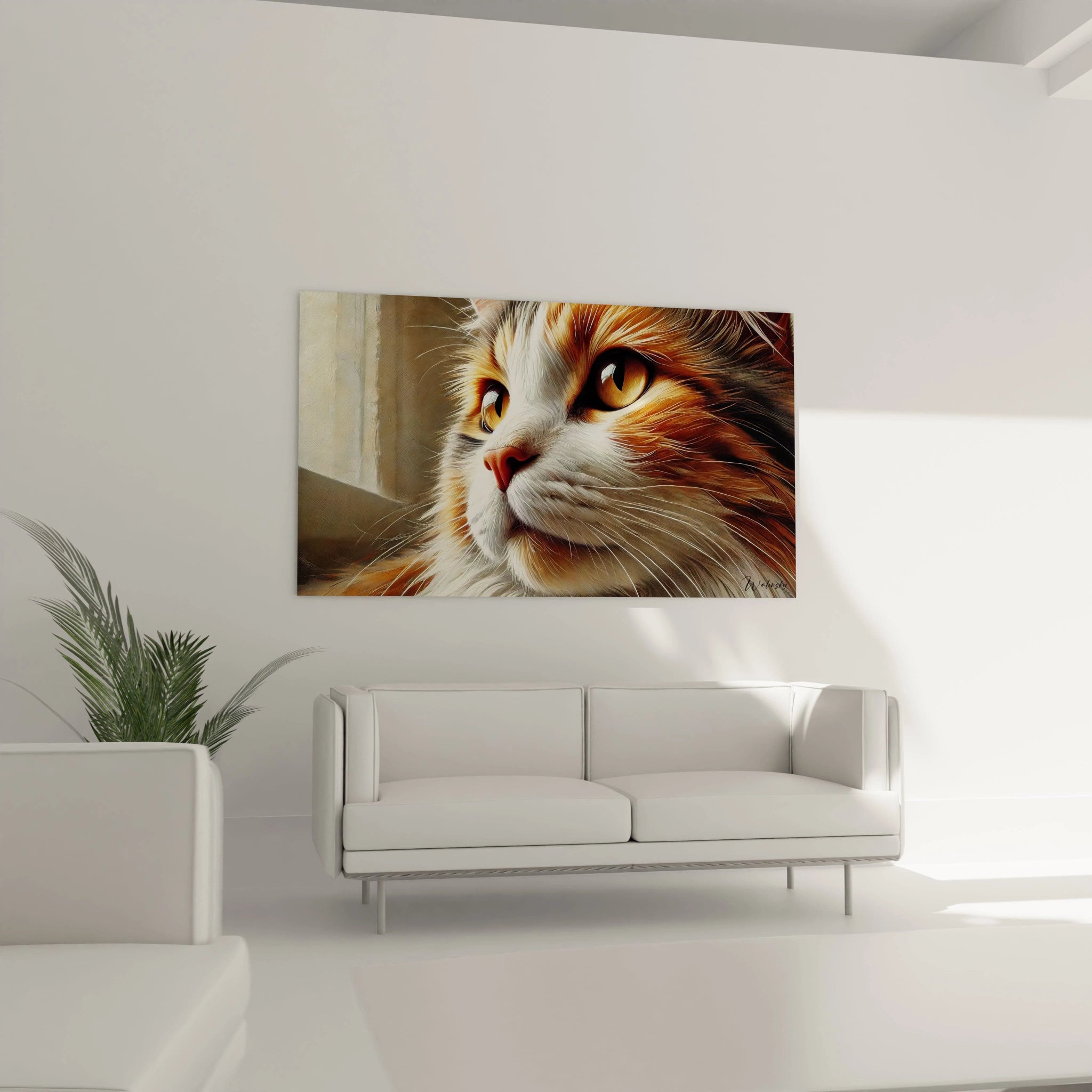 Sublimez votre salon avec ce tableau chat réaliste, accroché au-dessus du canapé. Ses détails captivants et son regard serein apportent élégance et nature à votre espace.