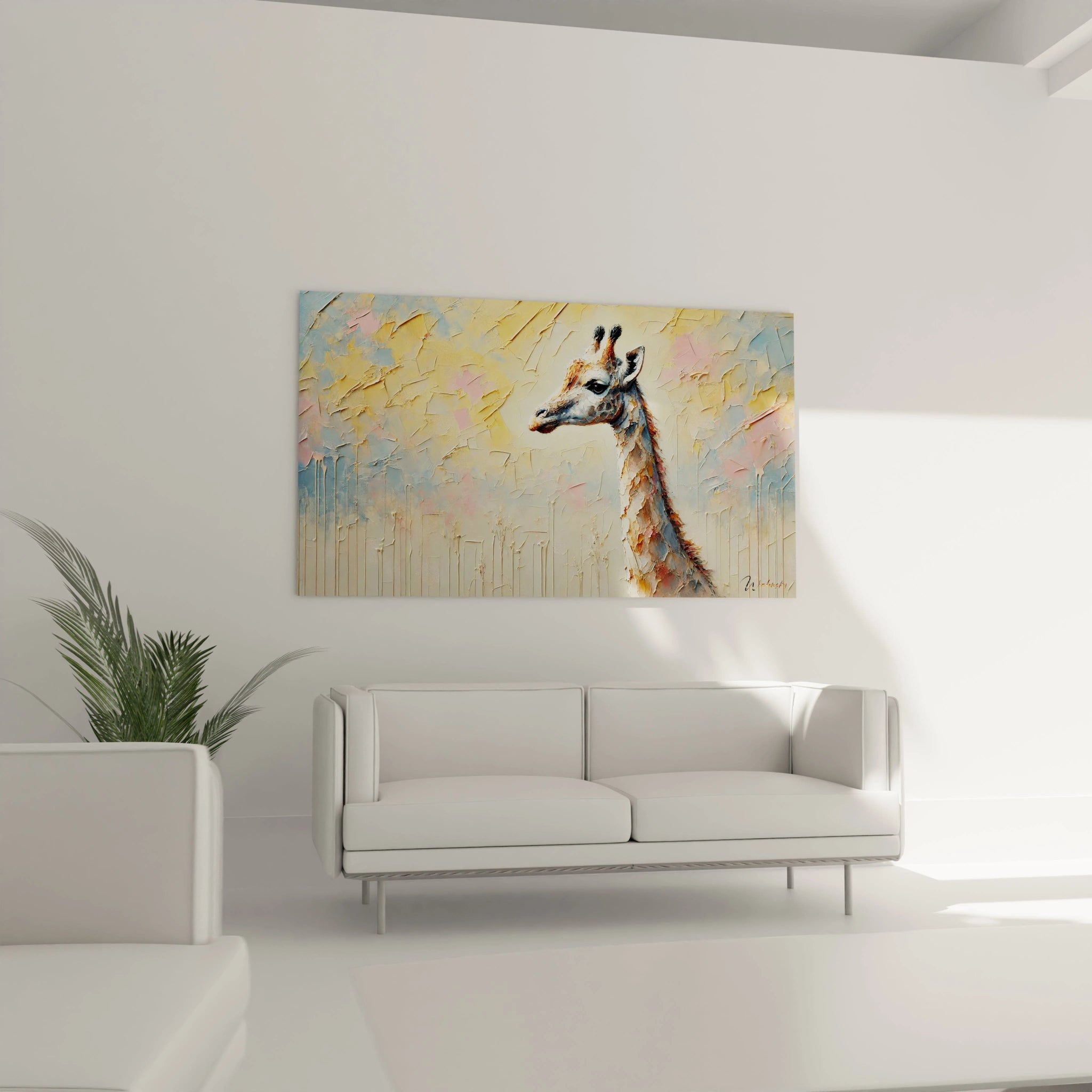 Accroché au-dessus d'un canapé dans un salon, ce tableau girafe devient un véritable point focal. Les textures audacieuses et l'arrière-plan abstrait ajoutent profondeur et caractère à votre décoration intérieure.