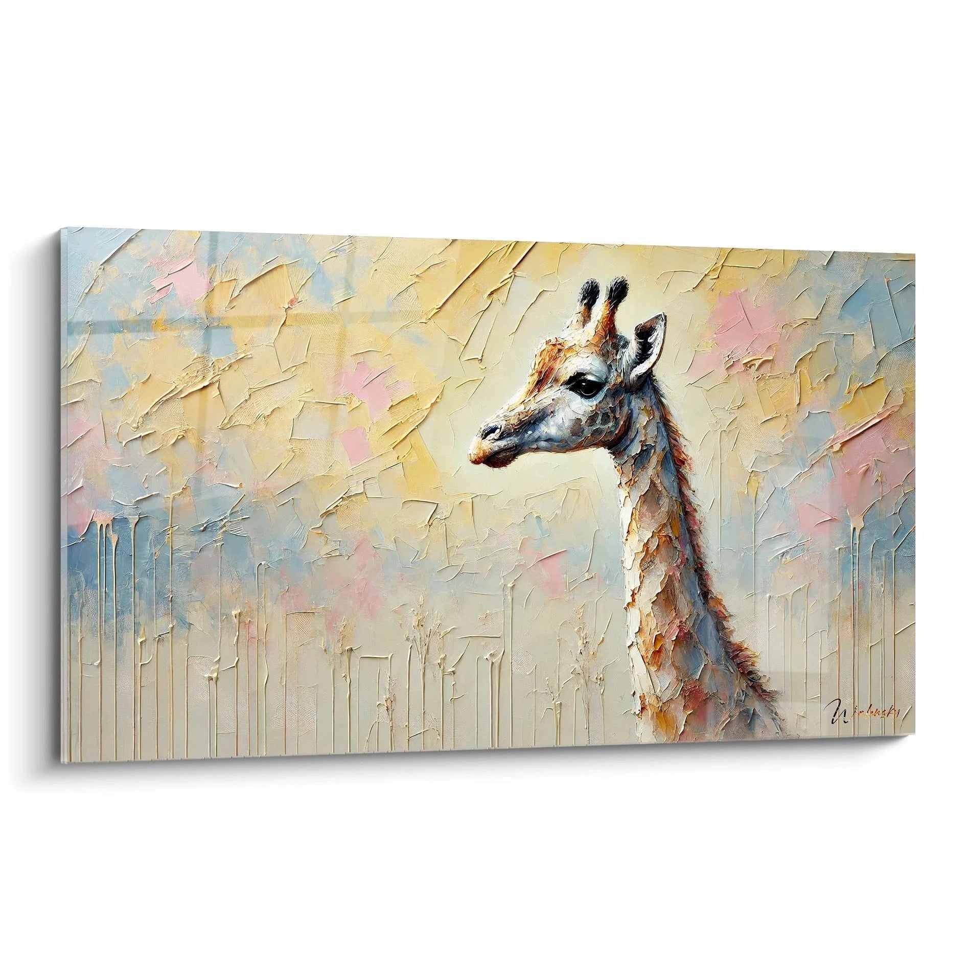 Ce tableau girafe captivant est présenté avec des textures riches et des couleurs vibrantes. Vu de biais, il dévoile la majesté de l'animal avec une touche moderne, parfait pour tout amateur d'art abstrait.