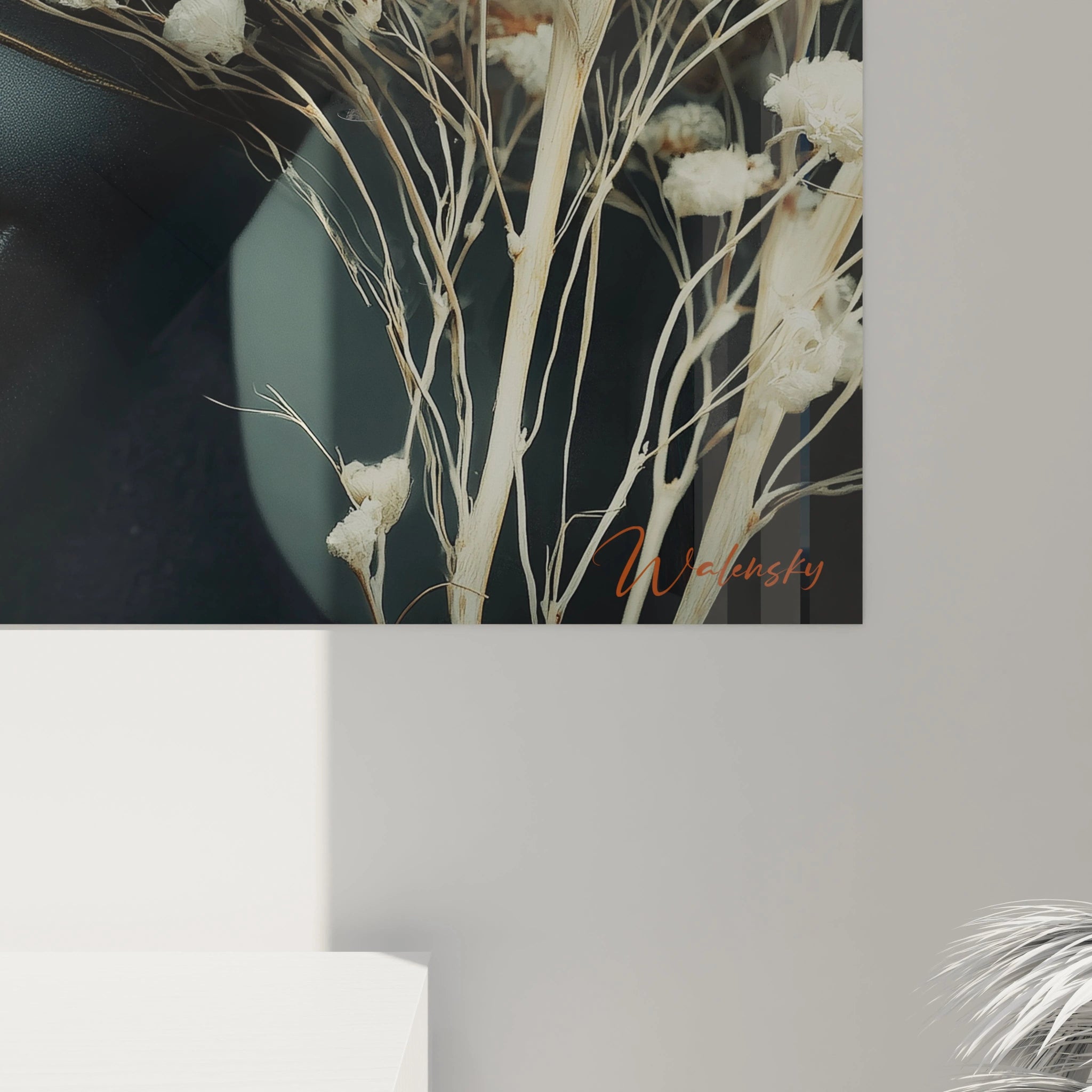 Tableau mural Walensky visage africain diamant noir avec fleurs sèches élégantes en arrière-plan