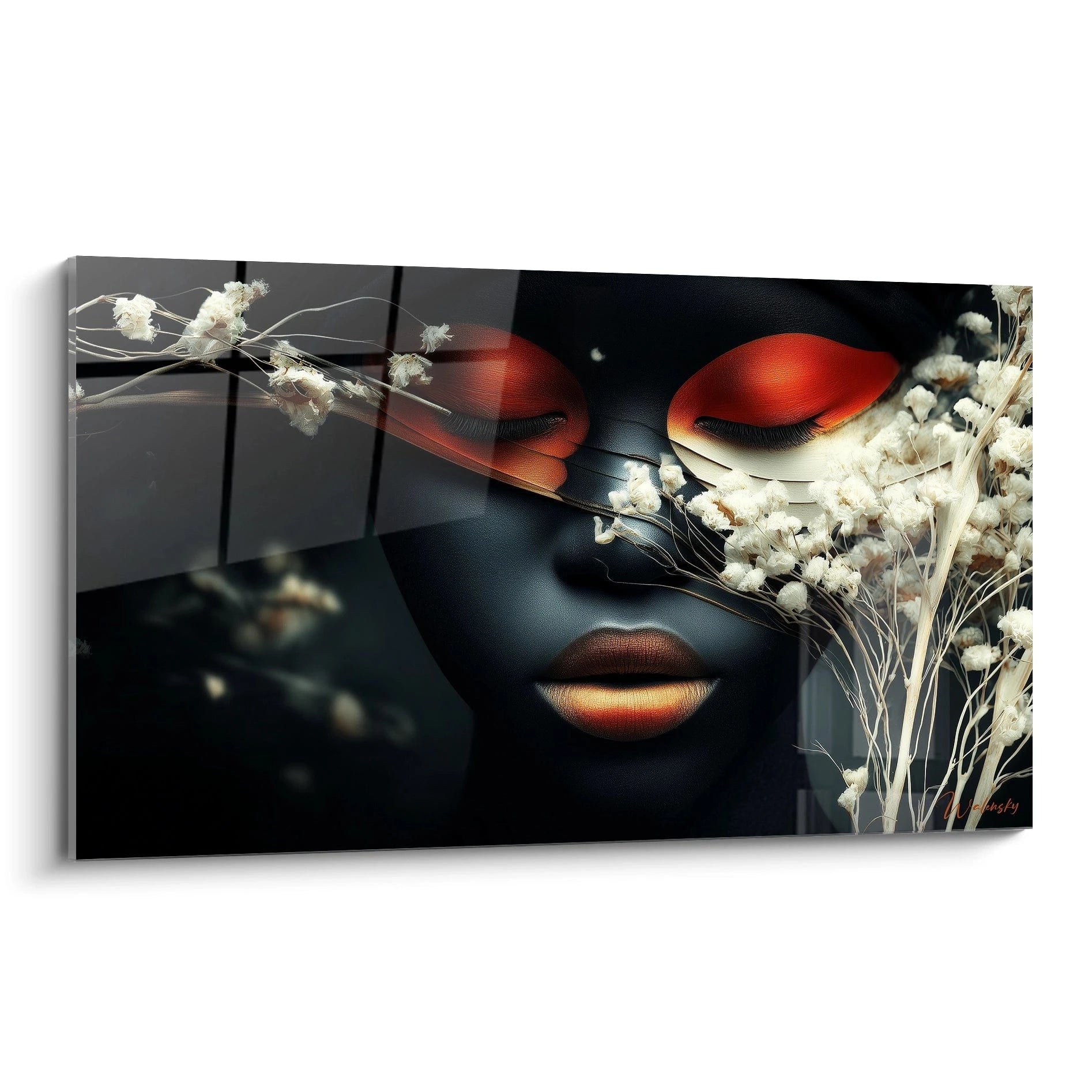 Tableau visage africain diamant noir avec des fleurs blanches sur fond sombre et artistique