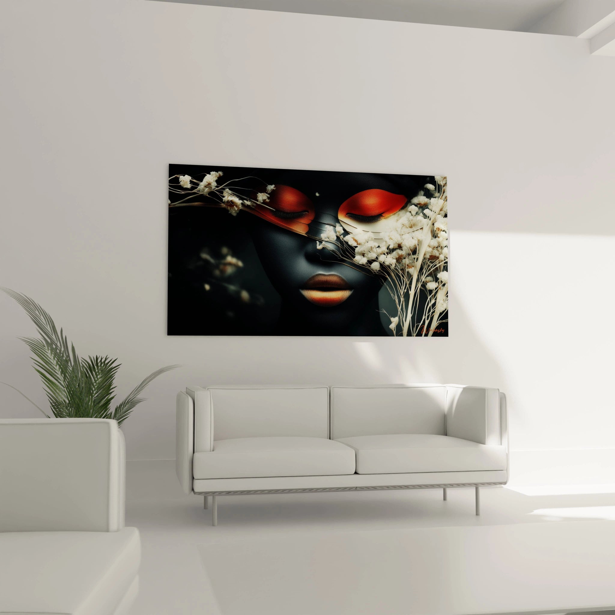 Tableau mural visage africain diamant noir avec fleurs blanches pour décoration moderne