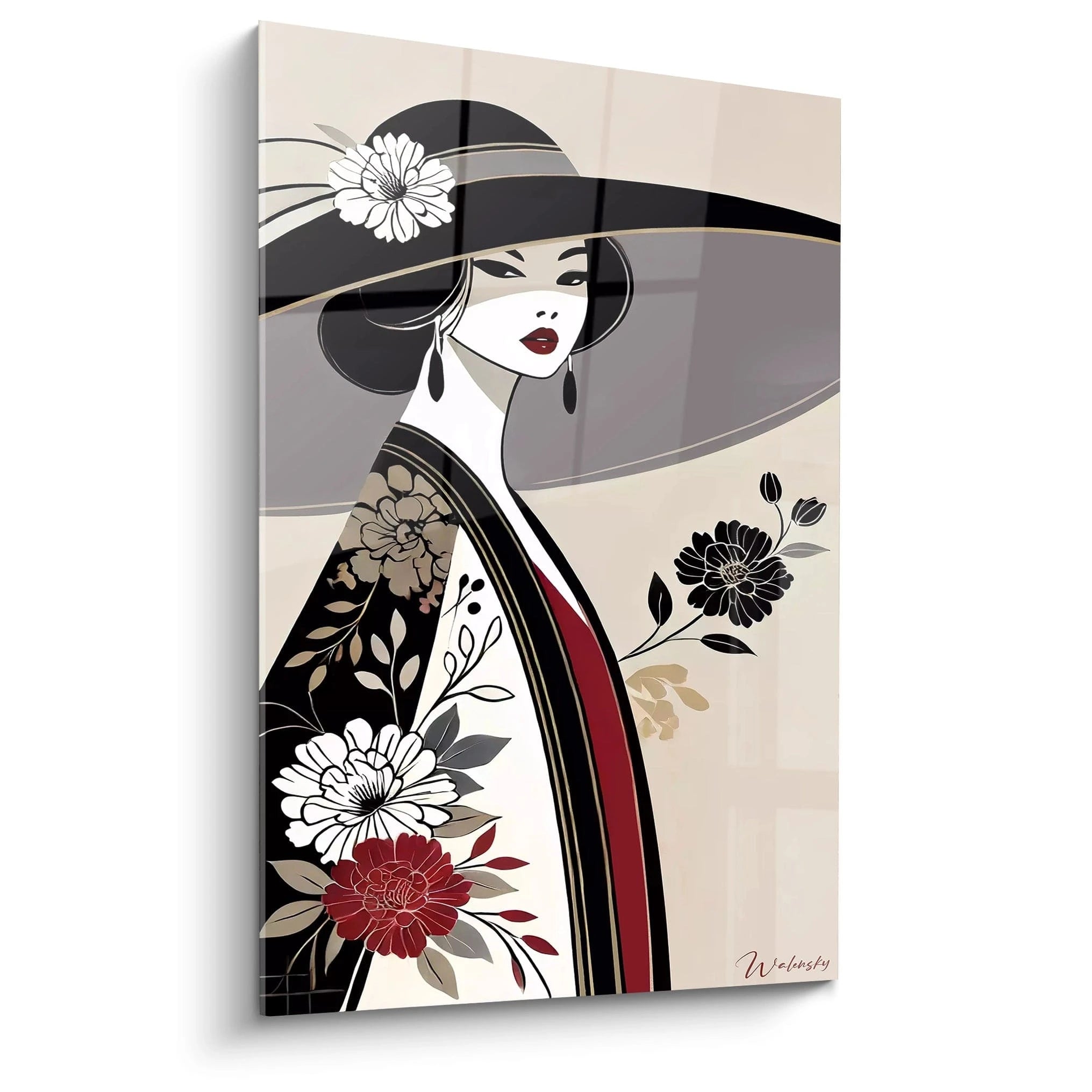 tableau asiatique vu de biais aux couleurs beige noir rouge orné de motifs floraux élégants lignes nettes harmonie et modernité inspiration féminine décorée de kimono fleurs et délicatesse asiatique