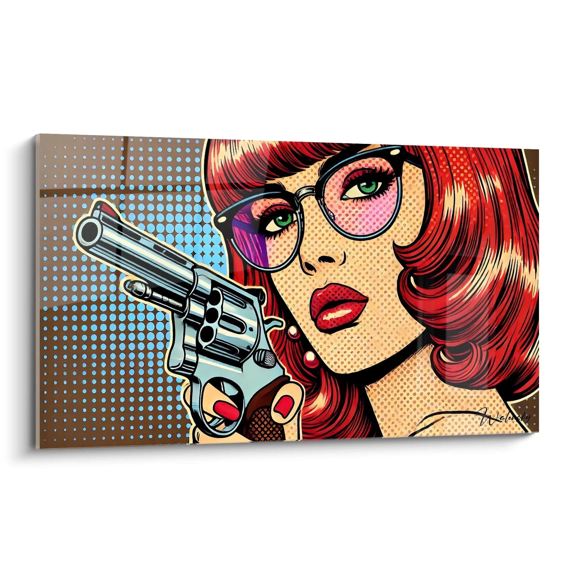 "Tableau en verre acrylique Pop Art / Rétro, vue de biais, affichant des couleurs vives et des motifs rétro distinctifs. Art mural moderne pour décoration intérieure."