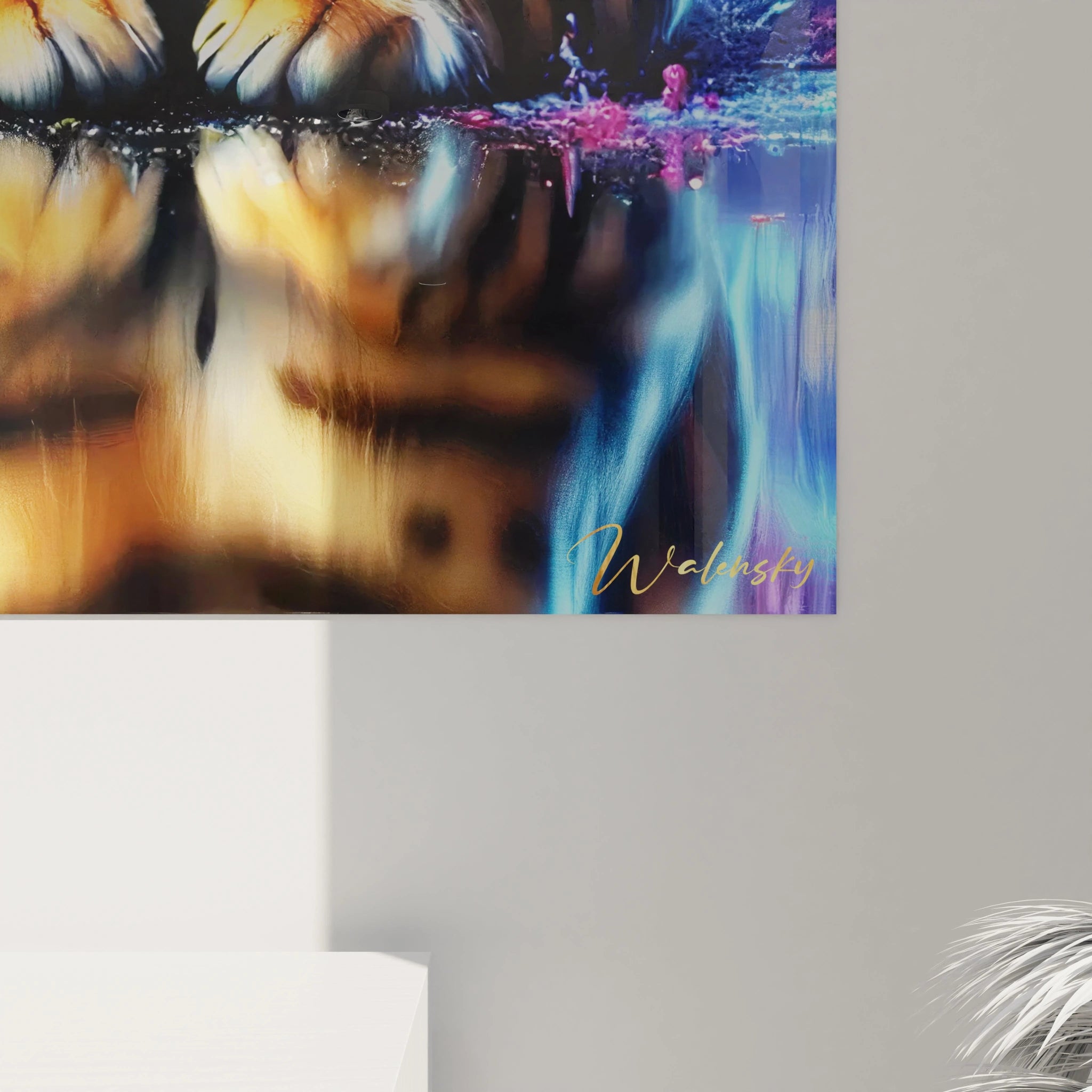 Un gros plan du tableau chat révèle la précision des détails : poils tigrés, yeux perçants et couleurs explosives. Idéal pour apprécier l’œuvre dans toute sa splendeur réaliste et abstraite.