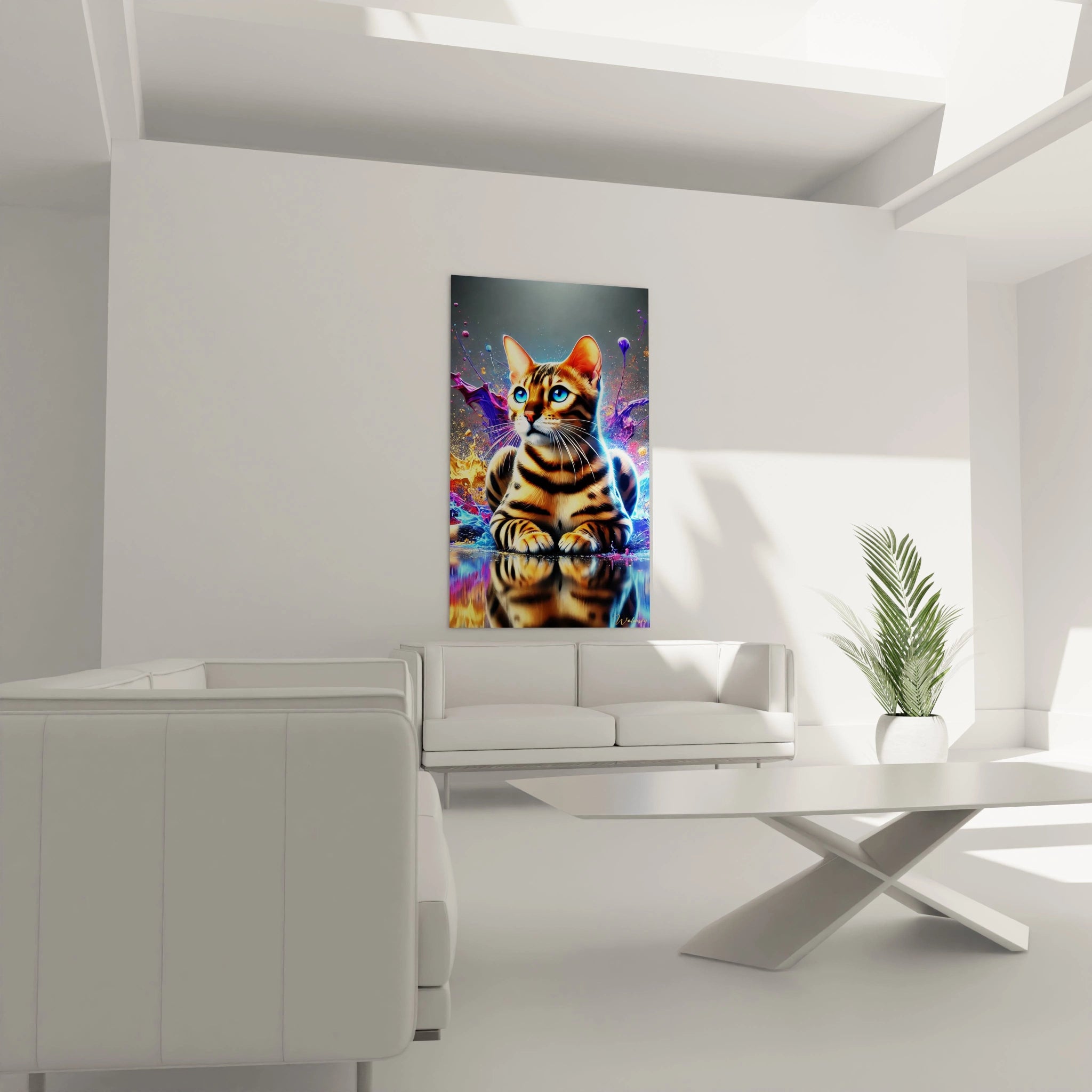 Accroché dans un salon, ce tableau chat au pelage tigré et aux couleurs vives est le centre d’attention. Parfait pour sublimer votre décoration avec un art animalier moderne et vibrant.