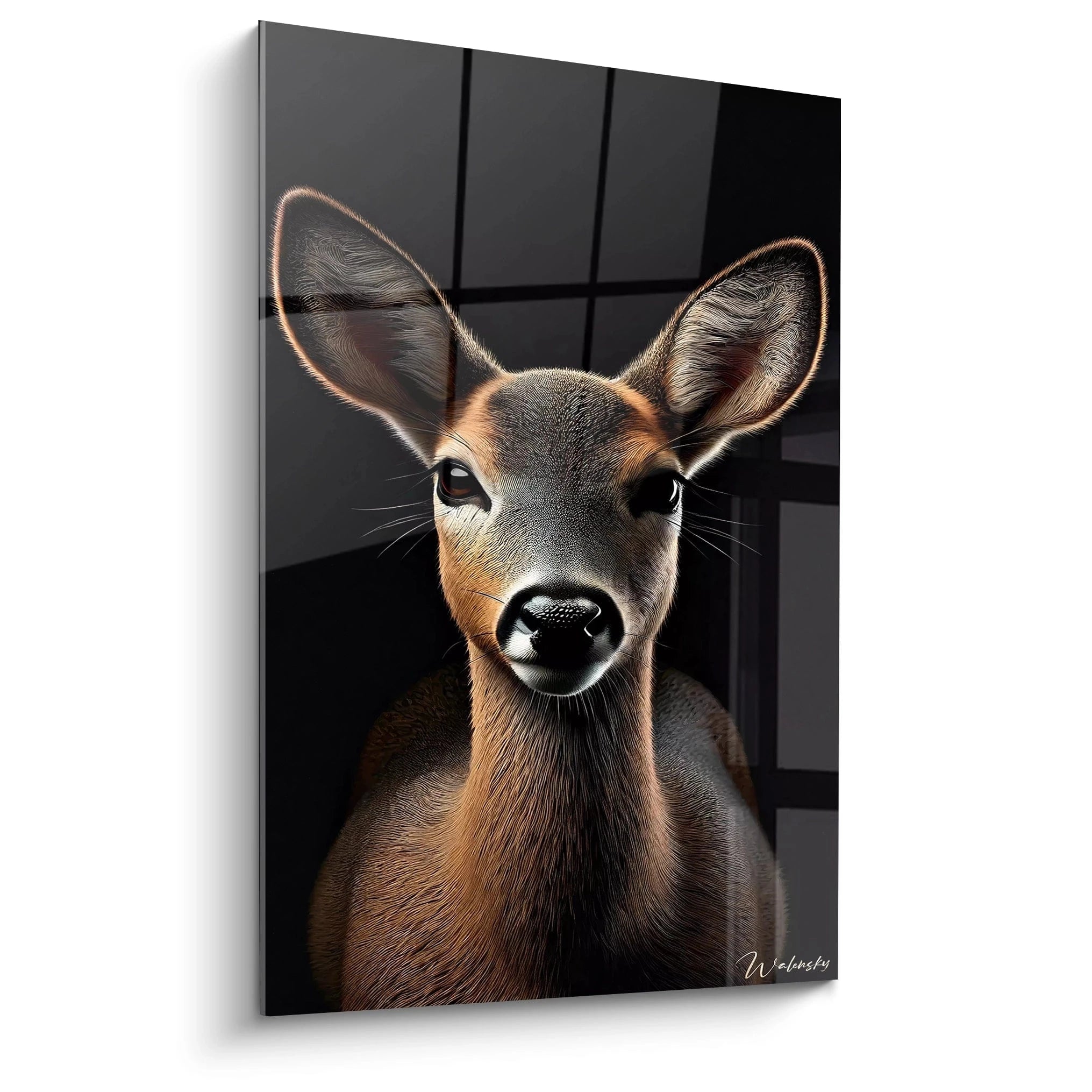 Ce tableau biche présente un regard profond et mystérieux. Le contraste entre l'arrière-plan noir et les nuances brunes souligne la beauté naturelle de l'animal.