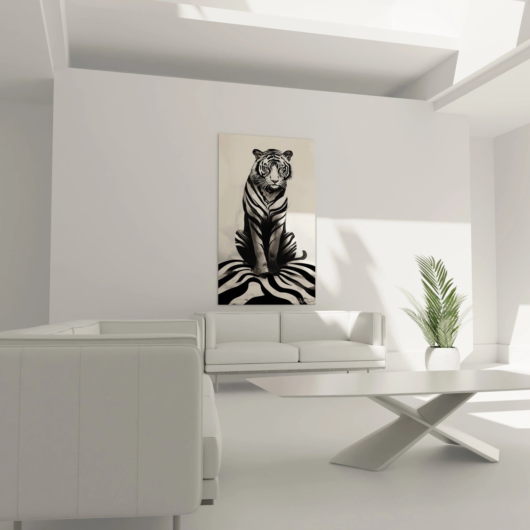 Un tableau tigre monochrome présentant un grand félin dans une composition centrée, avec un contraste saisissant entre le noir profond des rayures et le blanc lumineux du pelage, sur une surface texturée beige clair.