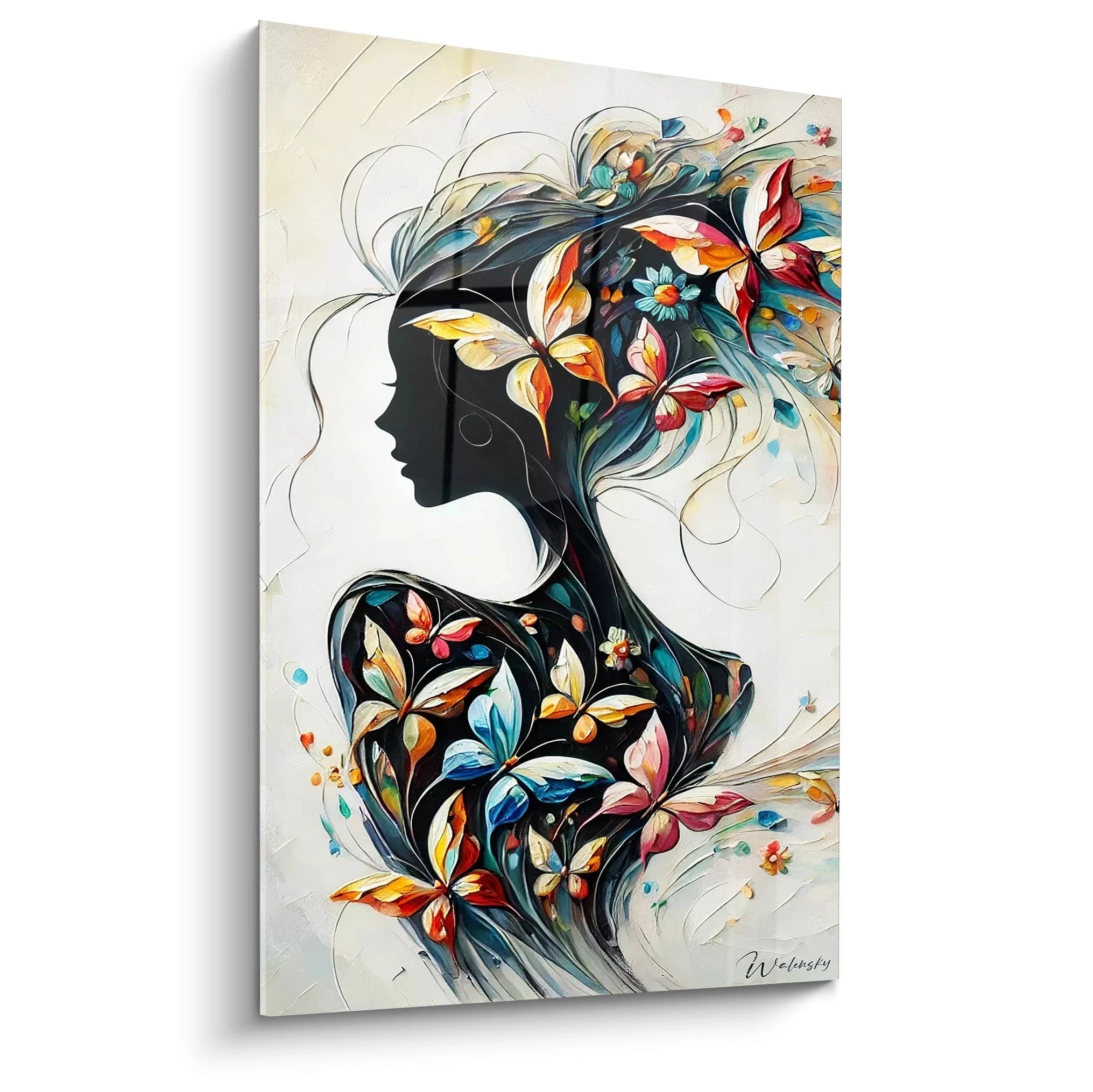 Tableau papillon en vue de biais, representant la connection avec la nature et la transformation personnelle. Richesse en textures et couleurs vibrantes pour une ambiance captivante et vivante.