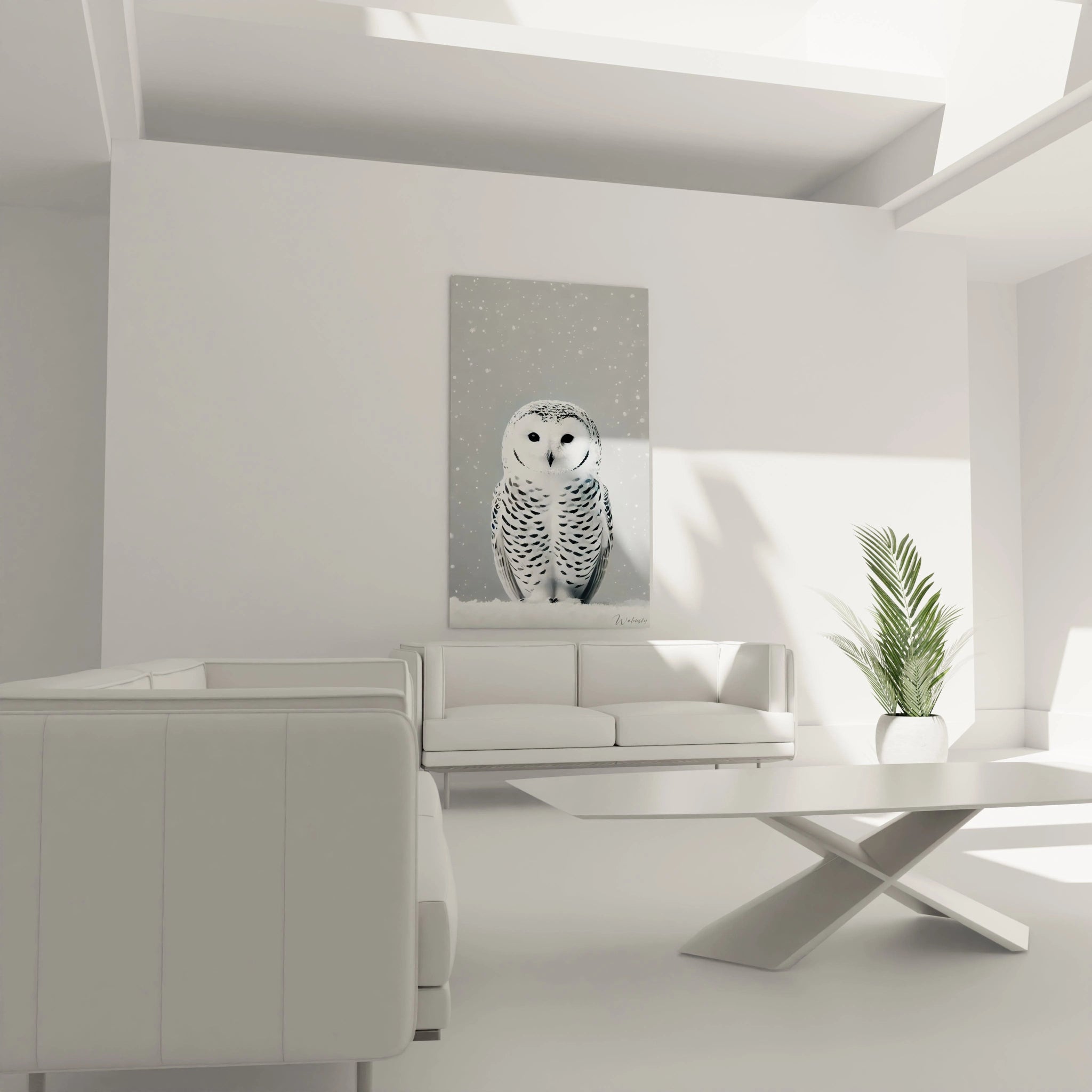 Sublimez votre salon avec ce tableau chouette au-dessus du canapé. Parfait pour une déco épurée et moderne, apportant sérénité et nature.