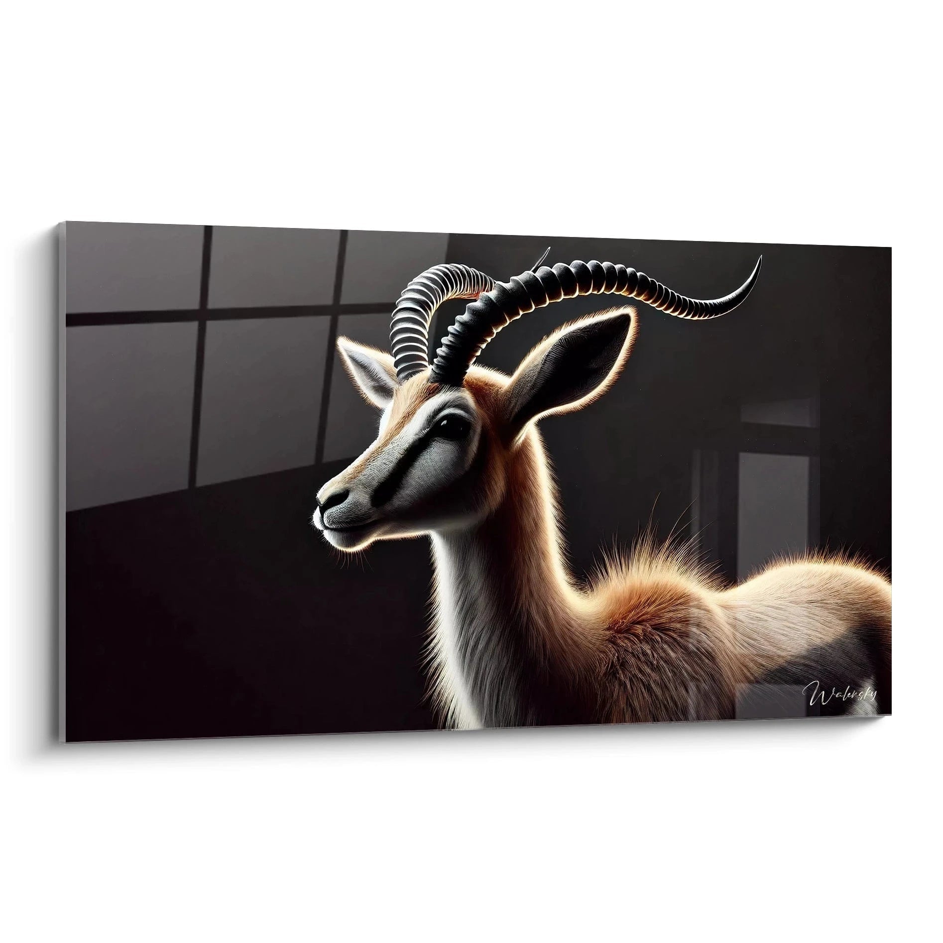 tableau gazelle vue de biais met en valeur la grace naturelle de cet animal majestueux. Le contraste entre son pelage et le fond sombre capte le regard et sublime sa beauté