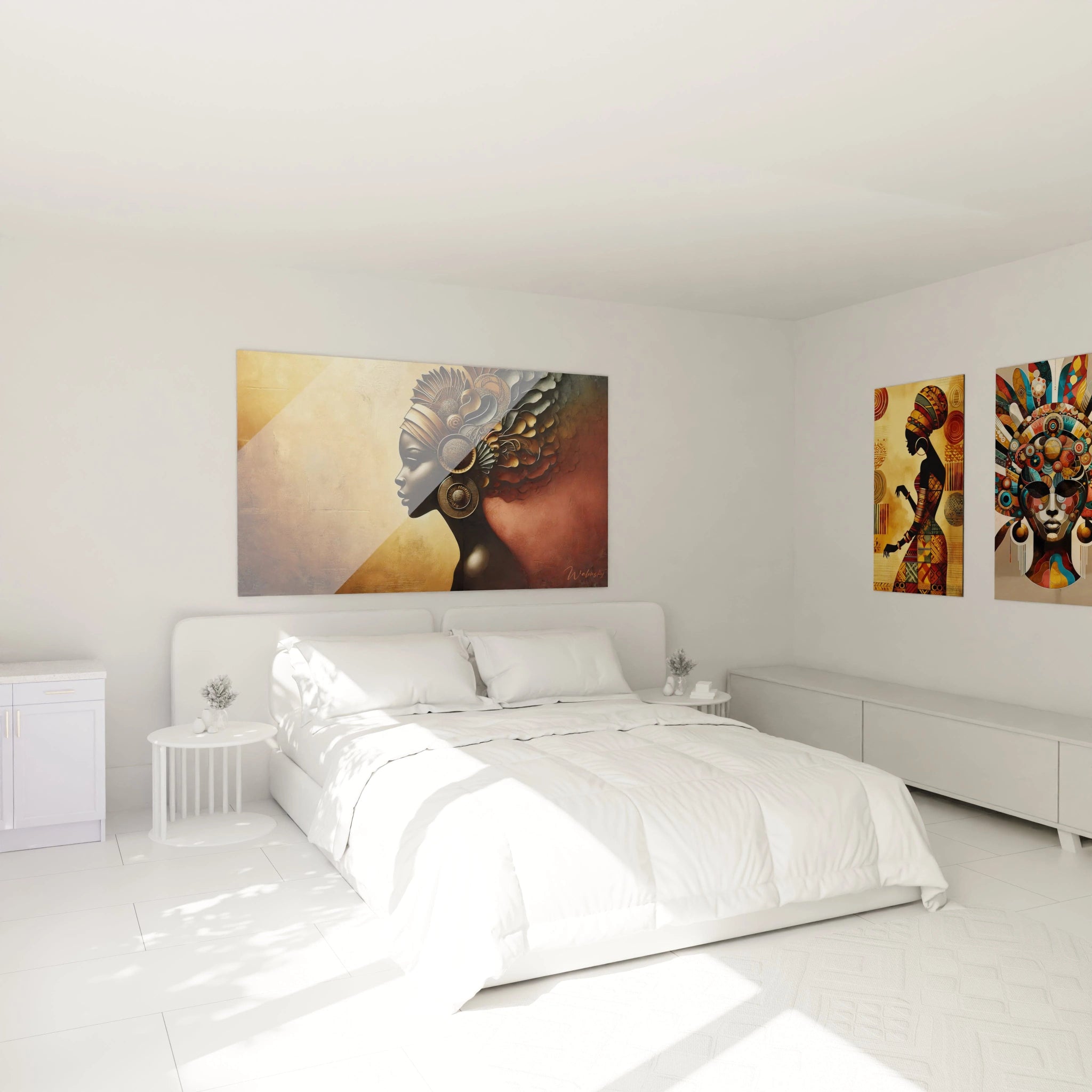 Le tableau africain accroché au-dessus du lit dans une chambre apaisante, sa palette de couleurs chaudes dorées et bronze illumine la pièce, apportant sérénité et élégance à l’espace.