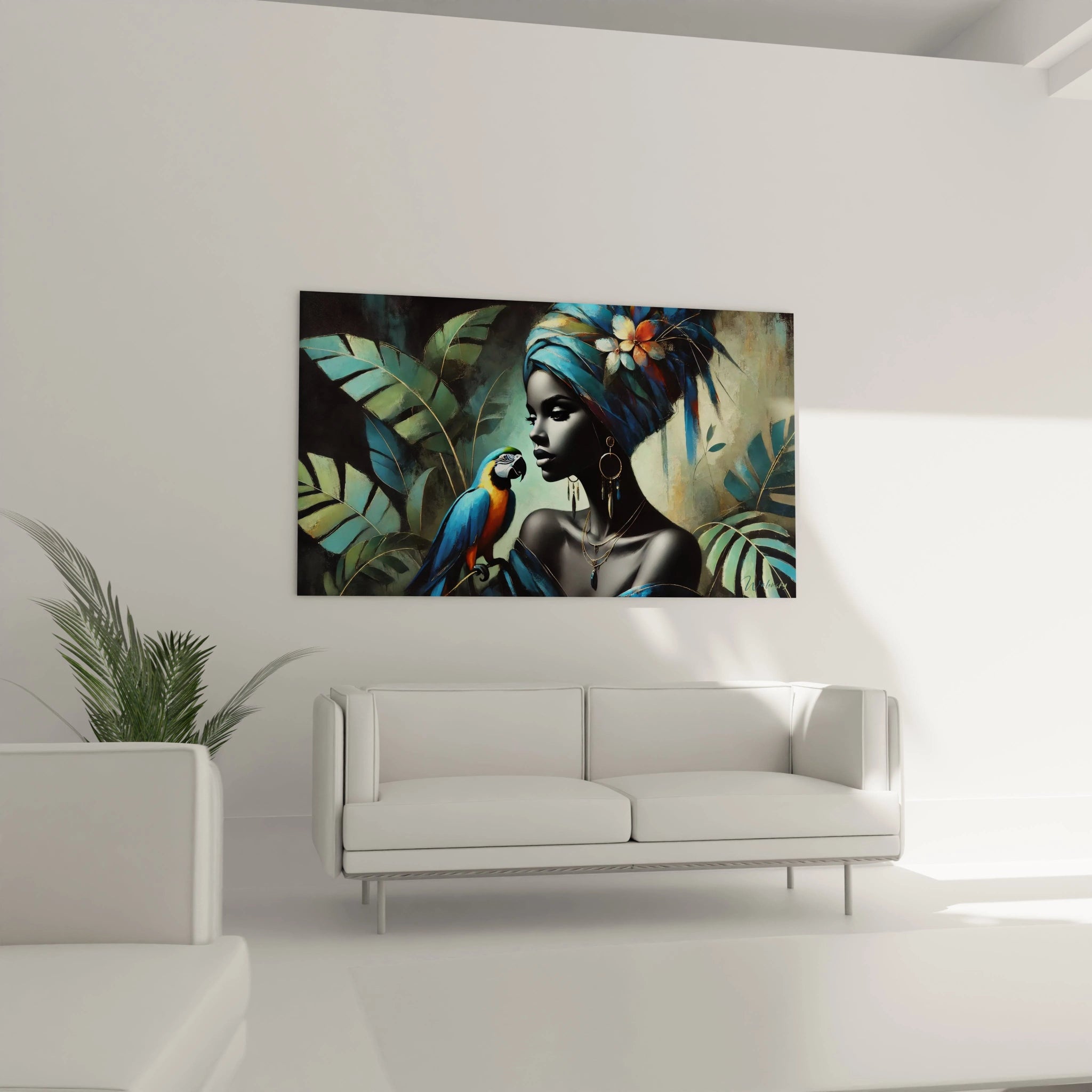 Accroché au-dessus du canapé, ce tableau perroquet devient la pièce maîtresse de votre salon. Son ambiance tropicale et son allure élégante transforment l’espace en un lieu chic et moderne.