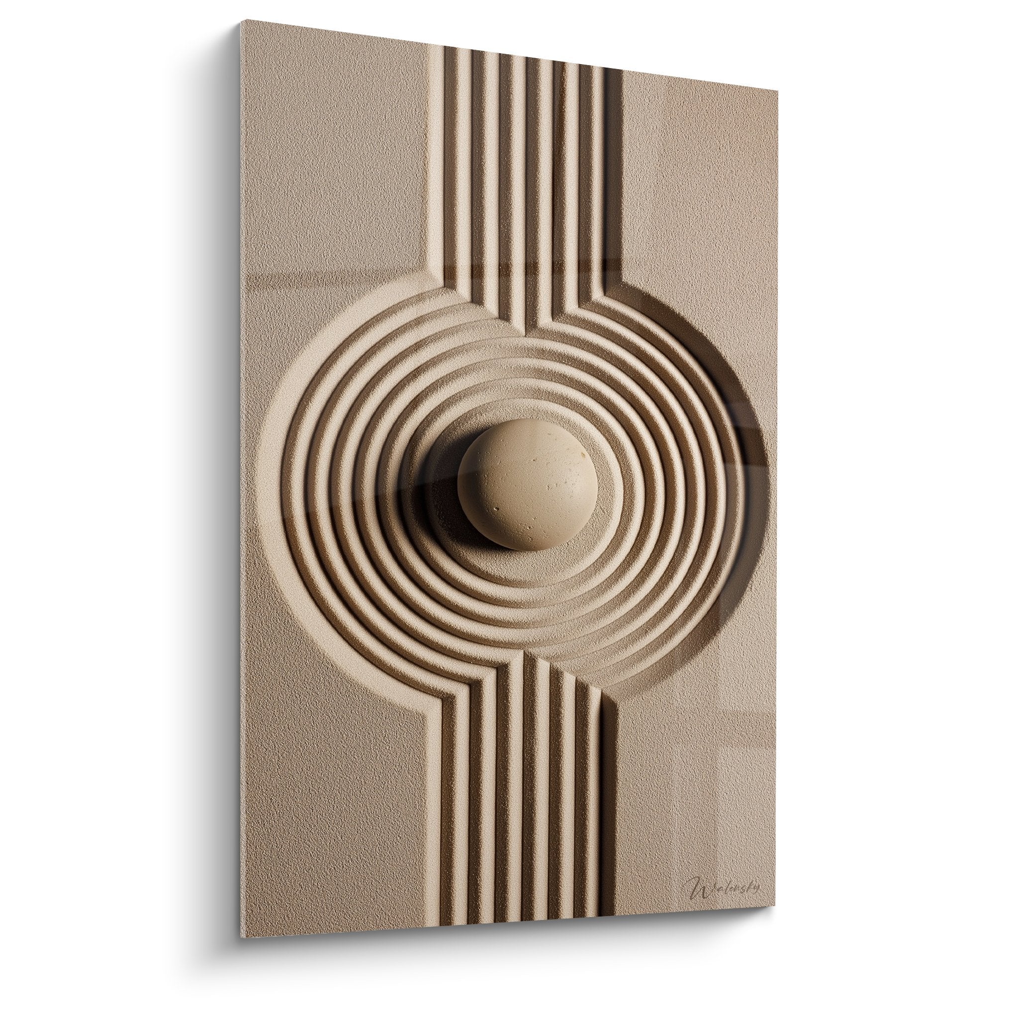 Tableau relief beige cercles concentriques lignes verticales sculpture murale geometrique edition sable