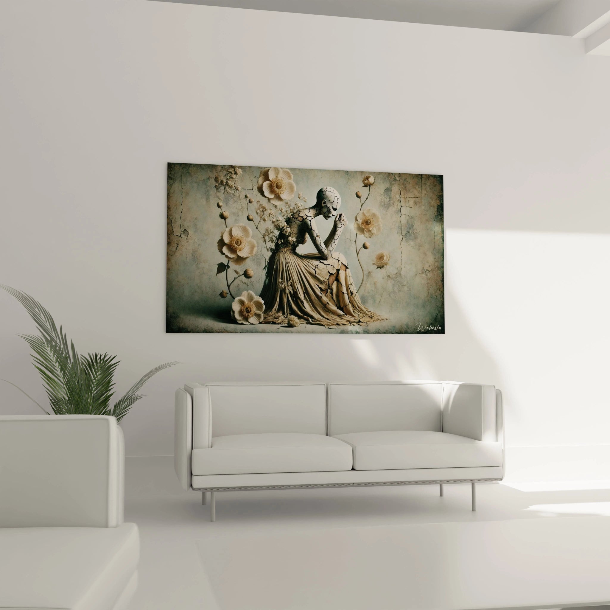 Ce tableau surréalisme abstrait présente une femme en posture méditative, avec des fissures détaillées et des fleurs beige et marron sur un arrière-plan bleu clair texturé.