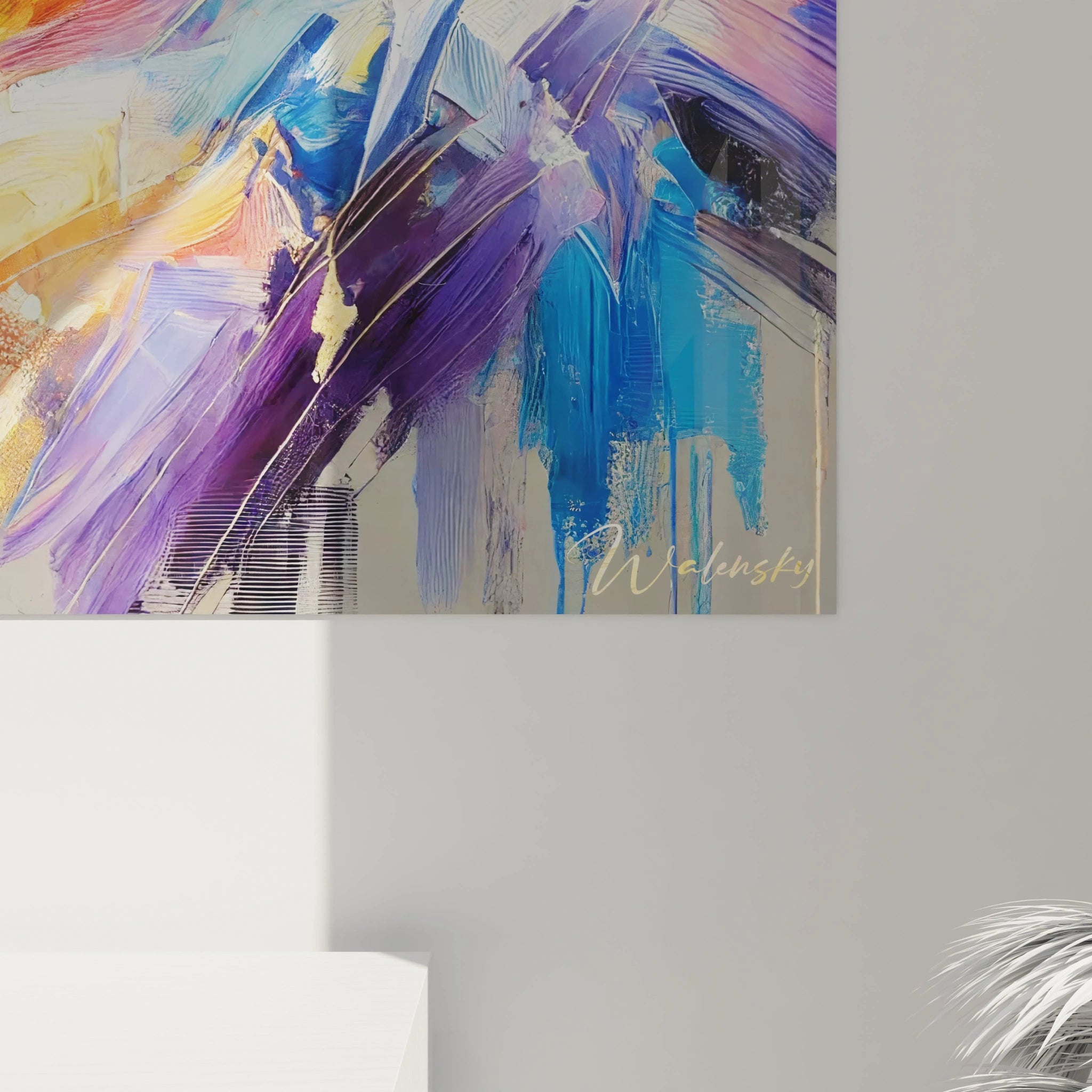 Un tableau fauvisme abstrait illustrant un portrait stylisé avec des textures vibrantes, des tons bleu vif, orange intense, et violet riche sur un fond dynamique.