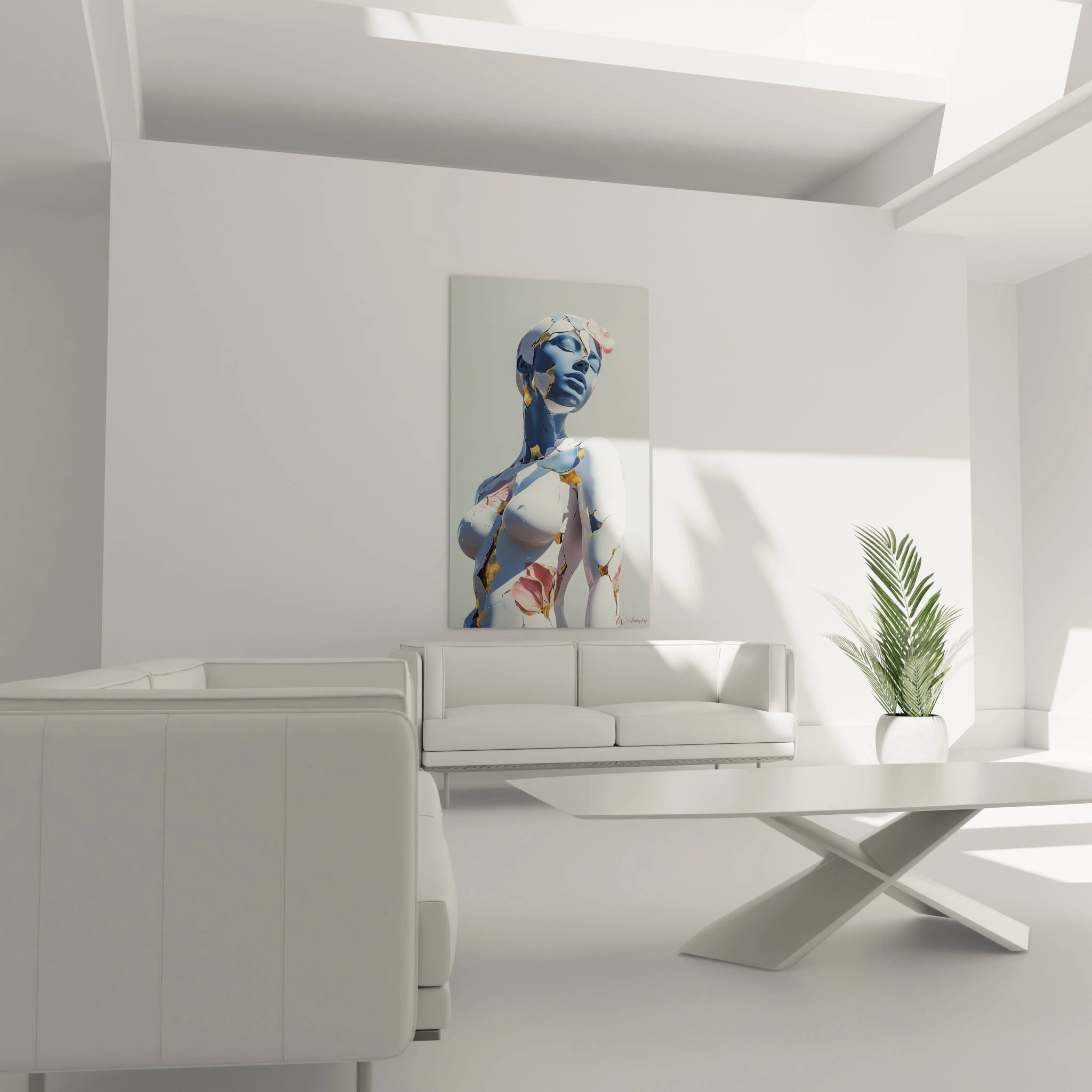 Un tableau artistique abstrait centré sur un visage bleu, orné de fissures dorées et de motifs floraux roses, utilisant des contrastes de couleurs vives et des surfaces polies.