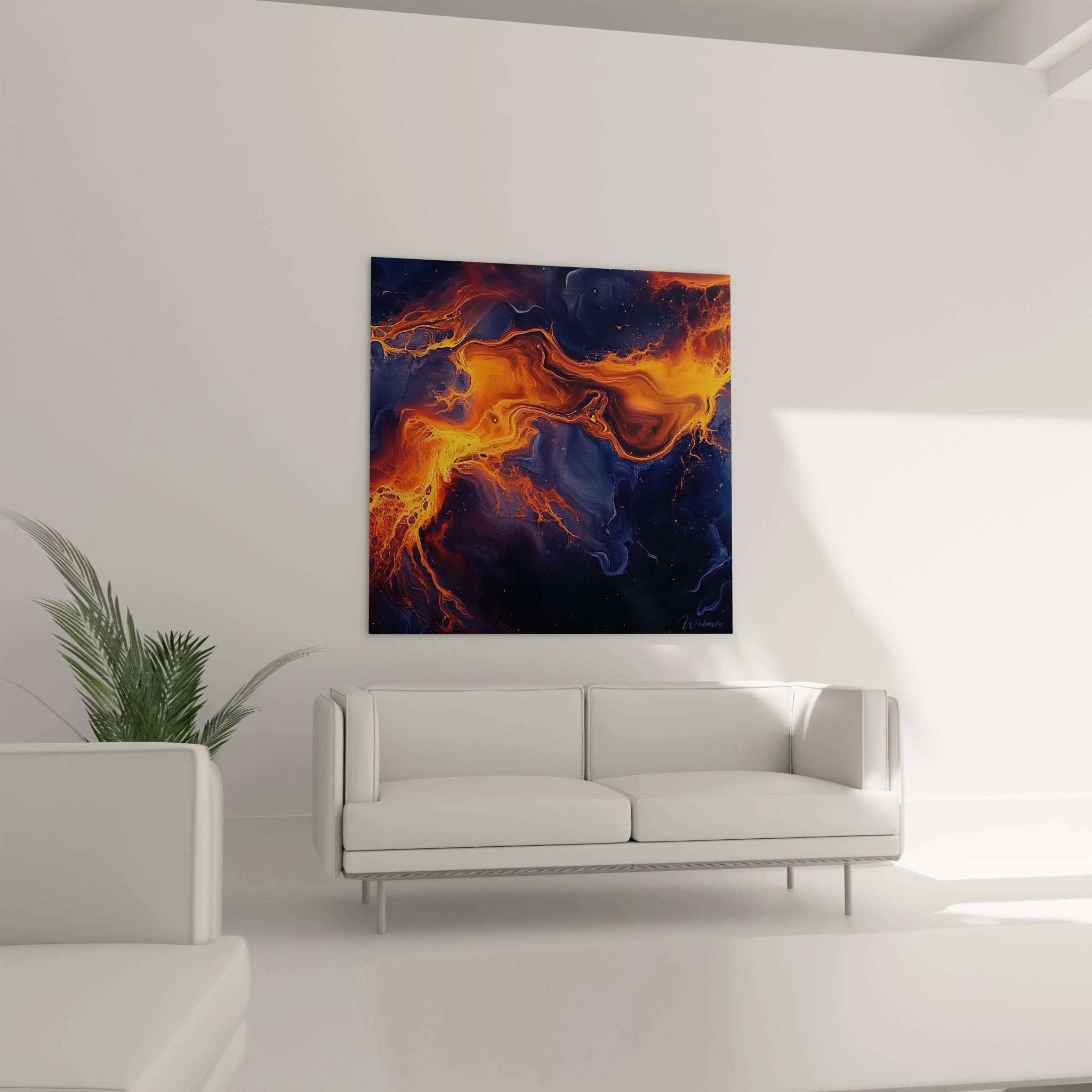 Tableau moderne abstrait de Walensky avec des couleurs vives et dynamiques en orange et bleu sur fond sombre