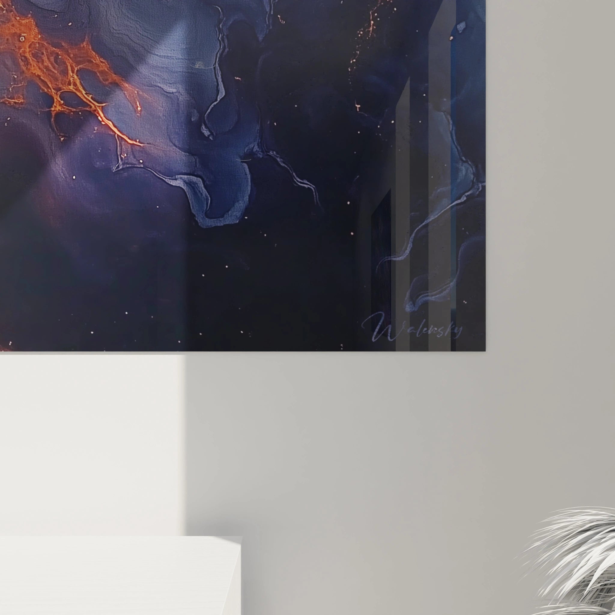 Tableau moderne abstrait de Walensky avec des motifs en bleu et des accents dorés