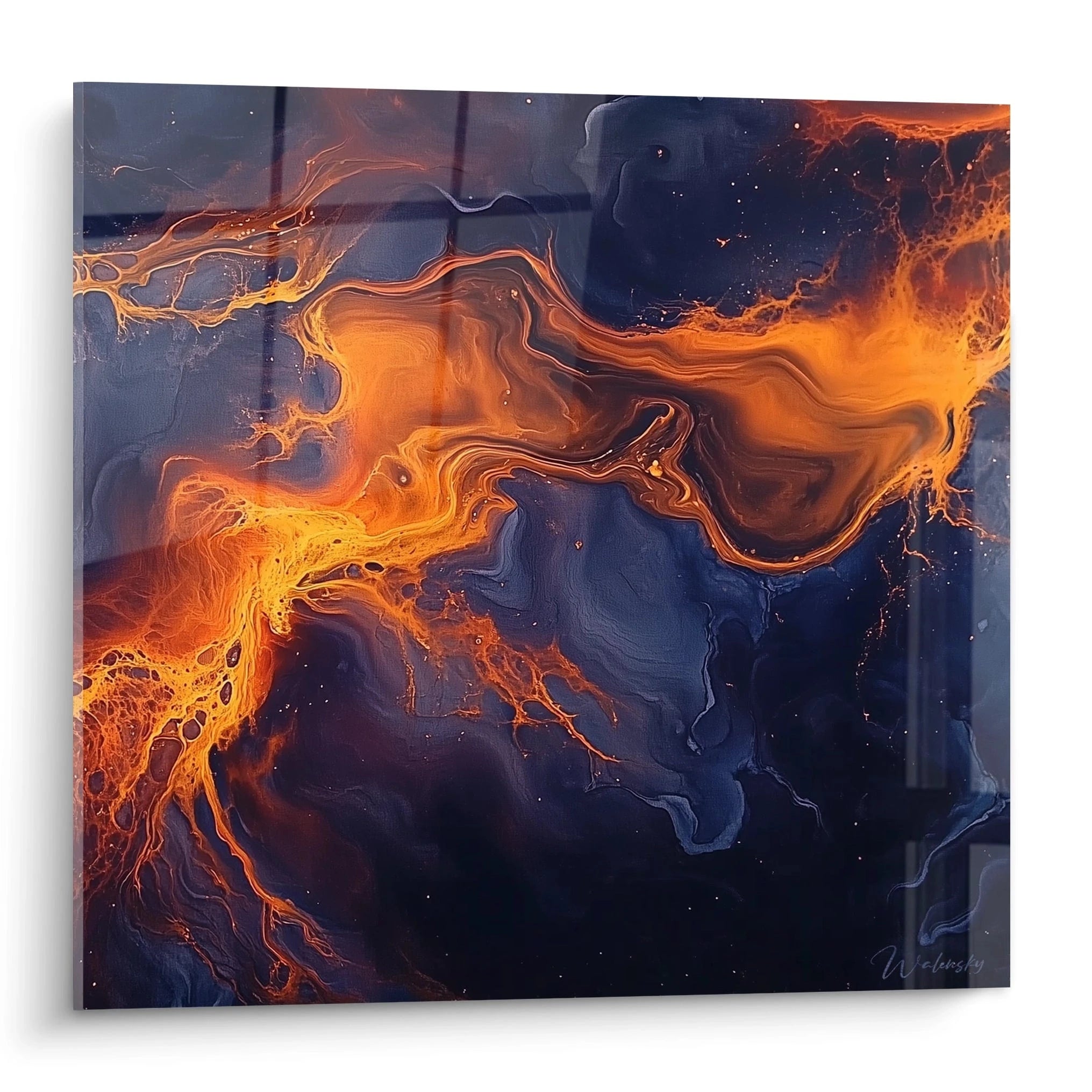 Tableau moderne abstrait de Walensky avec des éclaboussures orange sur fond noir pour une décoration contemporaine