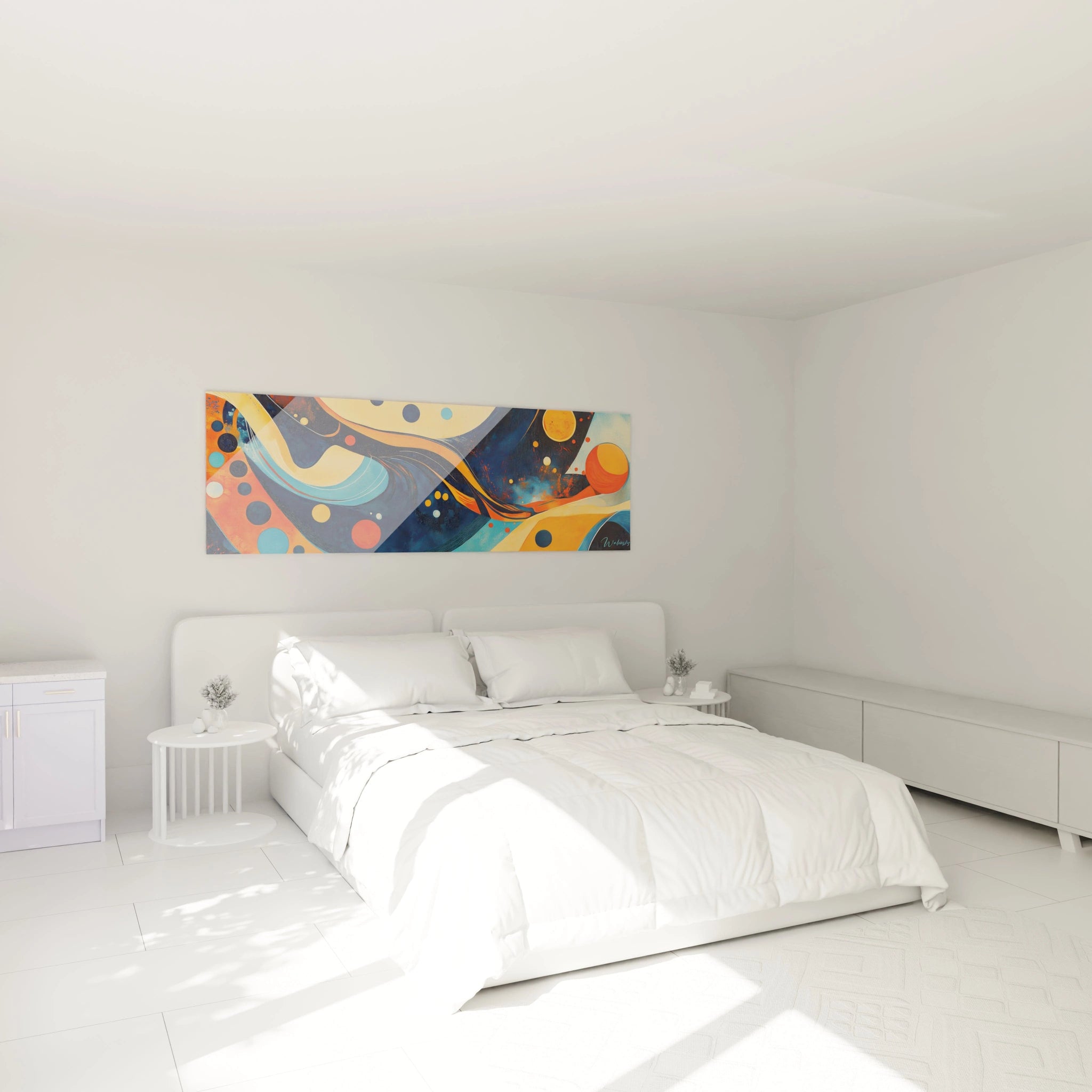 Tableau géométrique abstrait Walensky avec des formes colorées pour un décor moderne de chambre à coucher