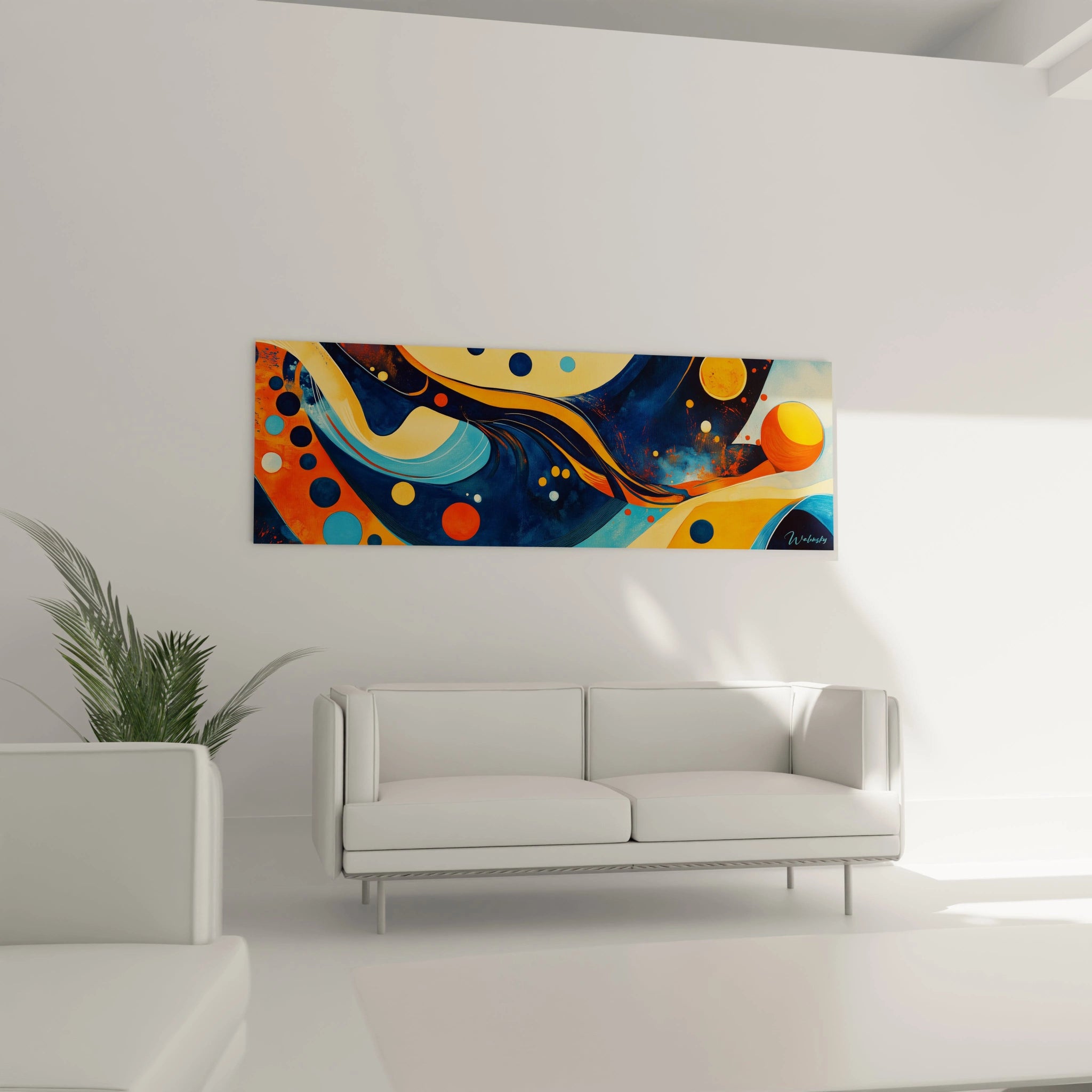 Tableau géométrique abstrait Walensky avec des formes colorées et des cercles sur fond bleu