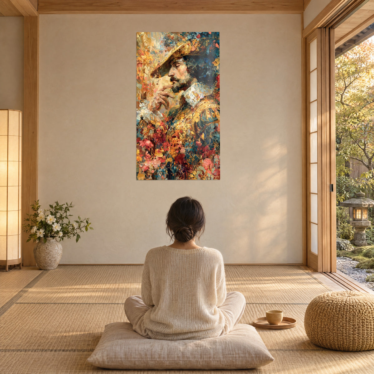 Wall art man with a feather in his hat, golden garment and bright red floral background, in front of a person seated on a floor cushion