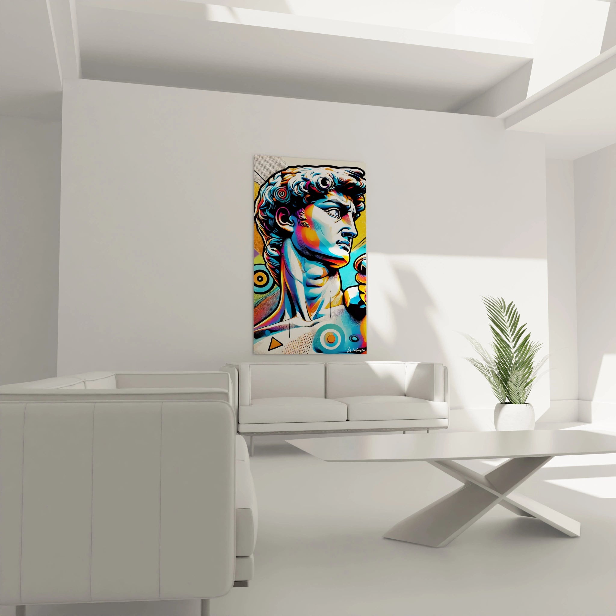 Le "David" de Michel-Ange version pop art, accroché au-dessus d'un canapé dans un salon. Ses couleurs vives et ses formes graphiques dynamisent l'ambiance de la pièce.