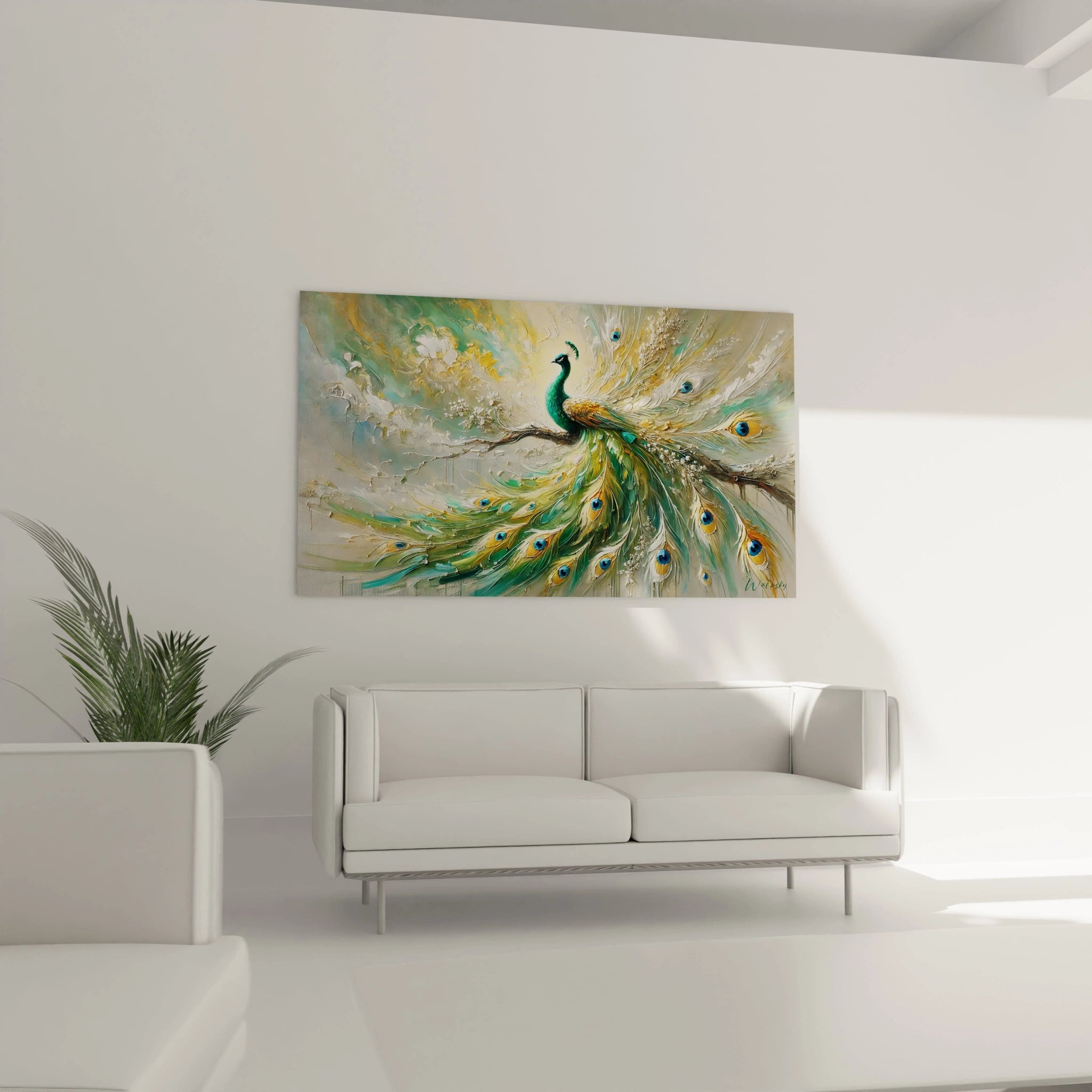 Ce tableau paon élégant, accroché au-dessus d’un canapé, ajoute une dimension artistique à votre salon. Avec ses nuances vertes et dorées, il illumine la pièce tout en capturant le regard.