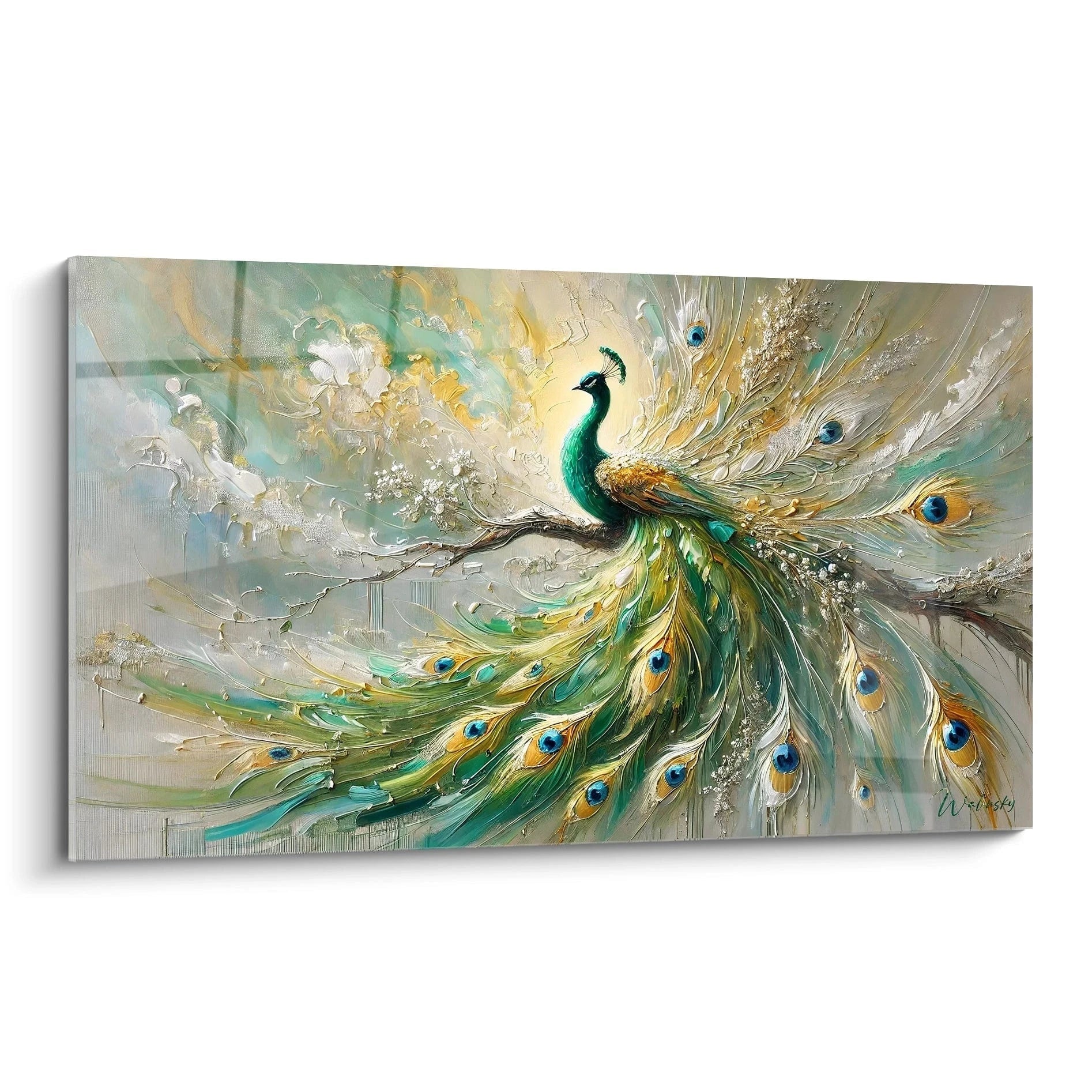 Découvrez ce tableau paon majestueux vu de biais, un véritable chef d’œuvre moderne où les plumes dorées et vertes créent un effet de profondeur captivant. Un ajout parfait pour sublimer tout intérieur.