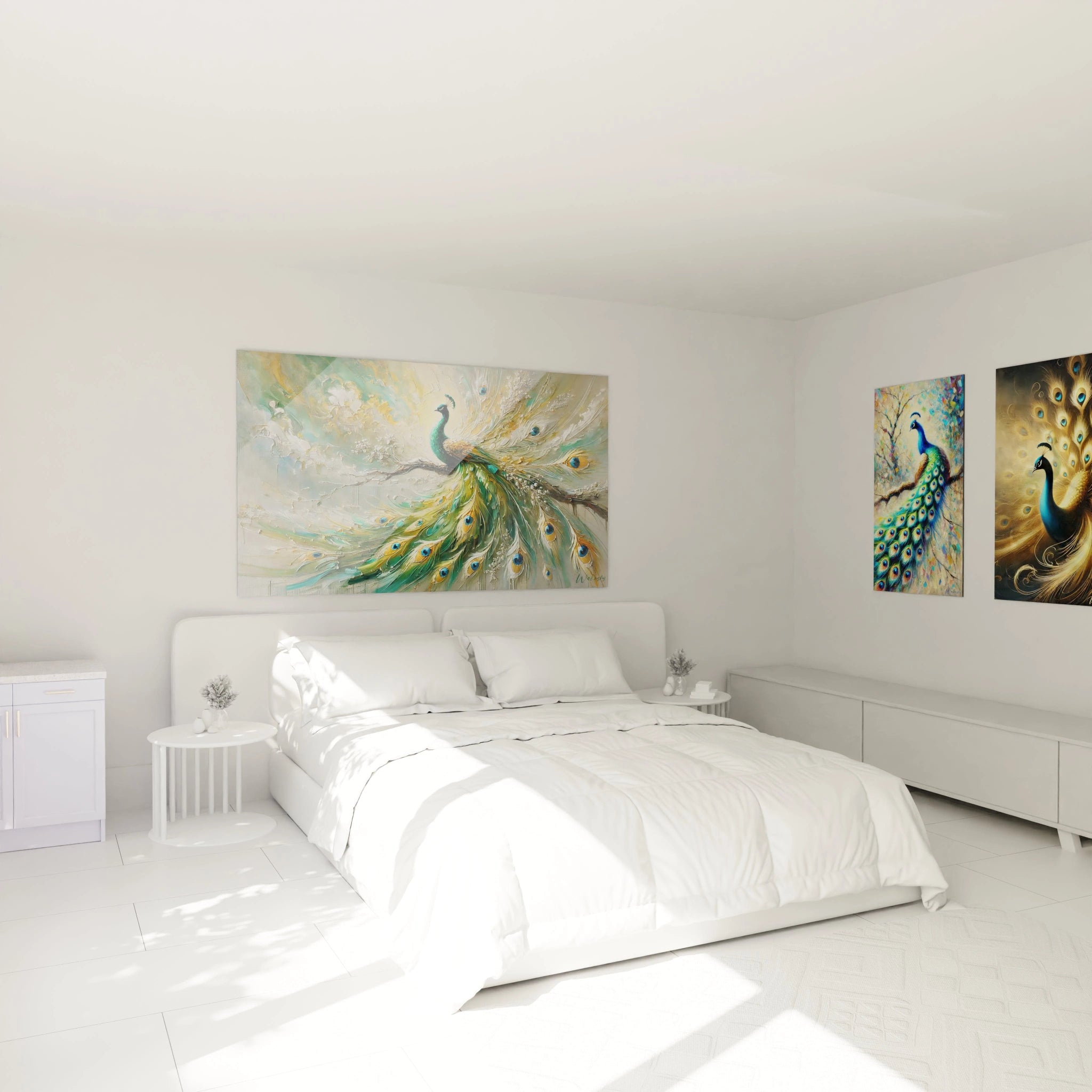 Ce tableau paon suspendu au-dessus du lit dans une chambre crée une ambiance sereine et luxuriante. Les couleurs vives et les détails raffinés apportent une touche exotique parfaite à l’espace.