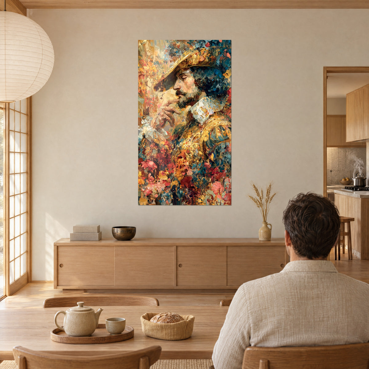 Wall art contemplative lord, face in profile with midnight blue and gold reflections, flowery impasto, hung behind a dining table