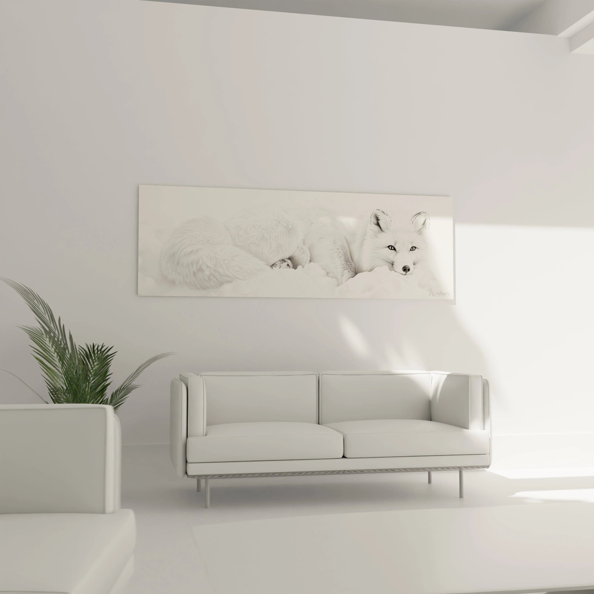 Tableau renard blanc allongé dans un salon moderne avec canapé blanc minimaliste