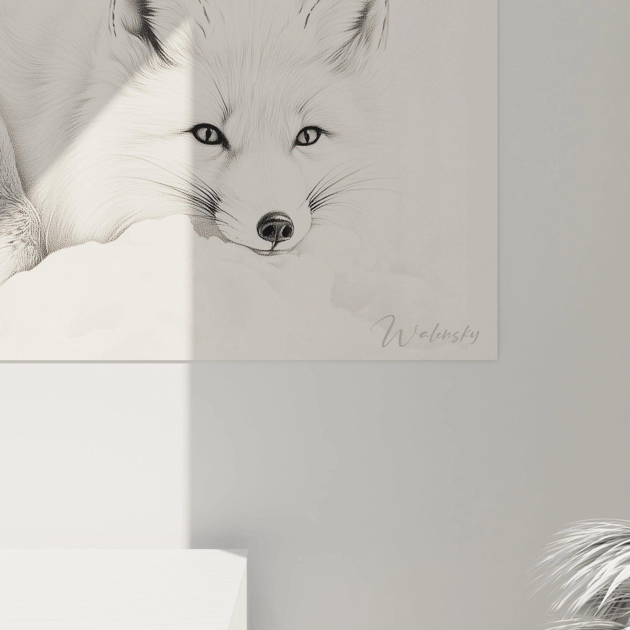 Tableau renard Walensky dessin minimaliste en noir et blanc accroché sur un mur clair