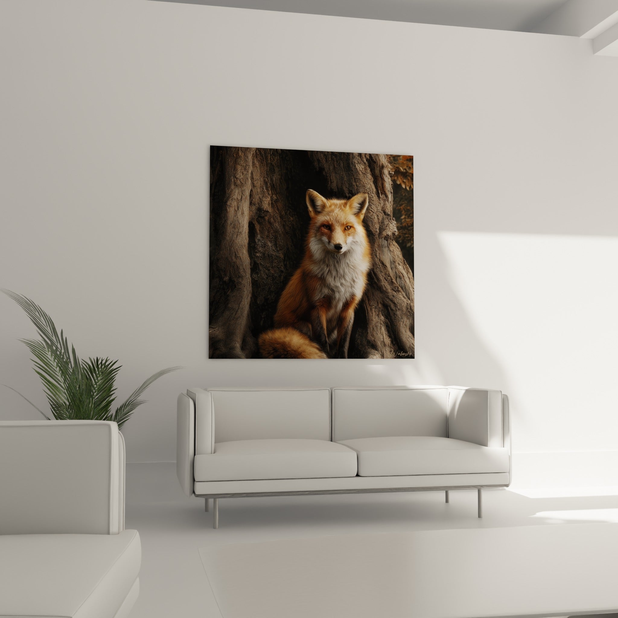 Silhouette du renard fauve contre l'écorce anthracite, suspendue au-dessus d'un canapé dans un salon lumineux