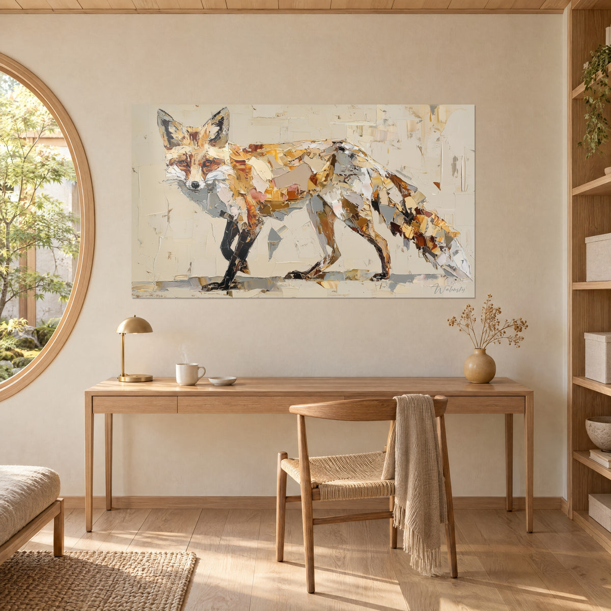 Schilderij roodbruine vos op een verfpalet, donkere poten op zandkleurige achtergrond, crème muur boven een licht houten bureau naast een ronde raam