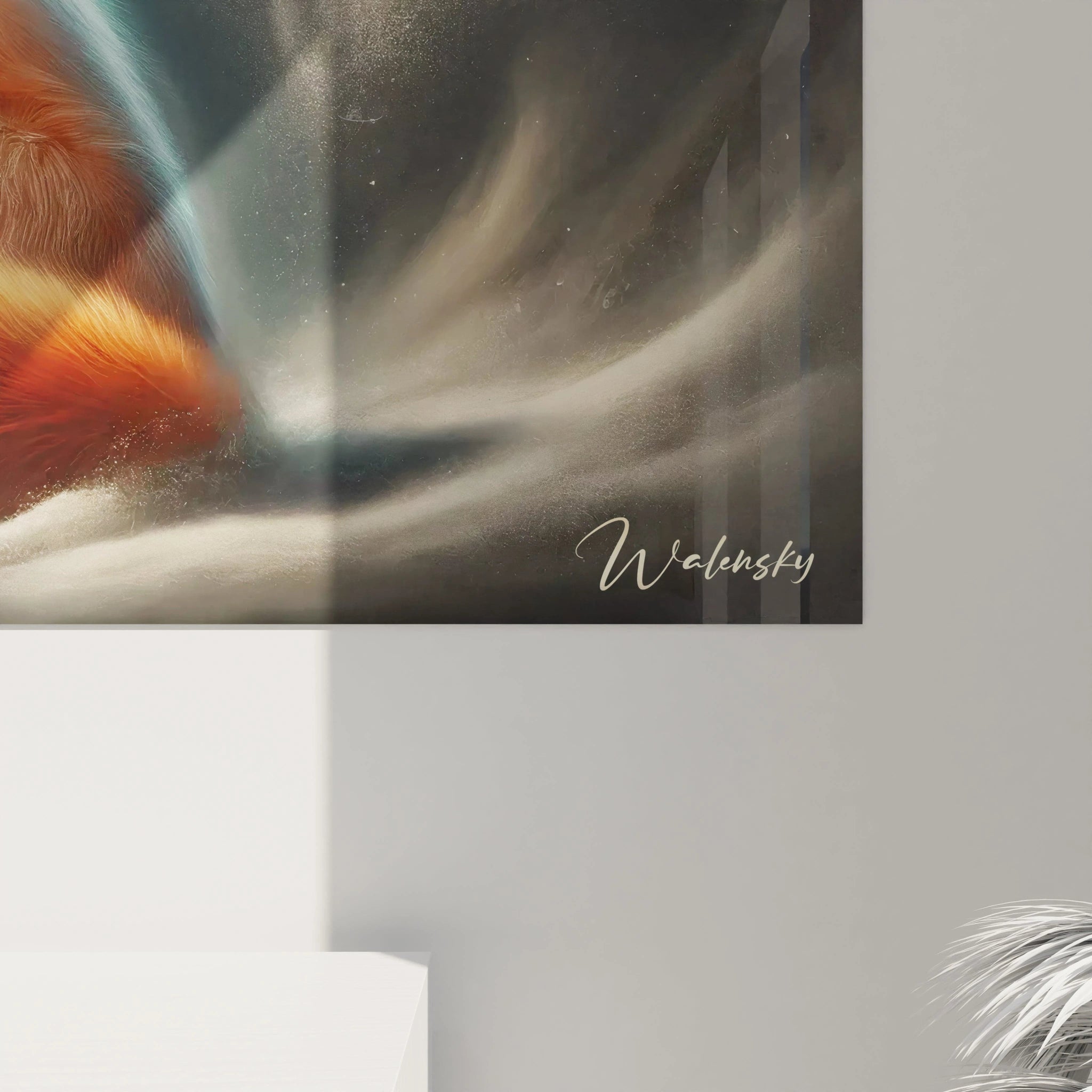 Découvrez de près le tableau renard. Les nuances d'orange et de blanc s'entrelacent harmonieusement, créant une texture riche et captivante, parfaite pour sublimer votre décor.