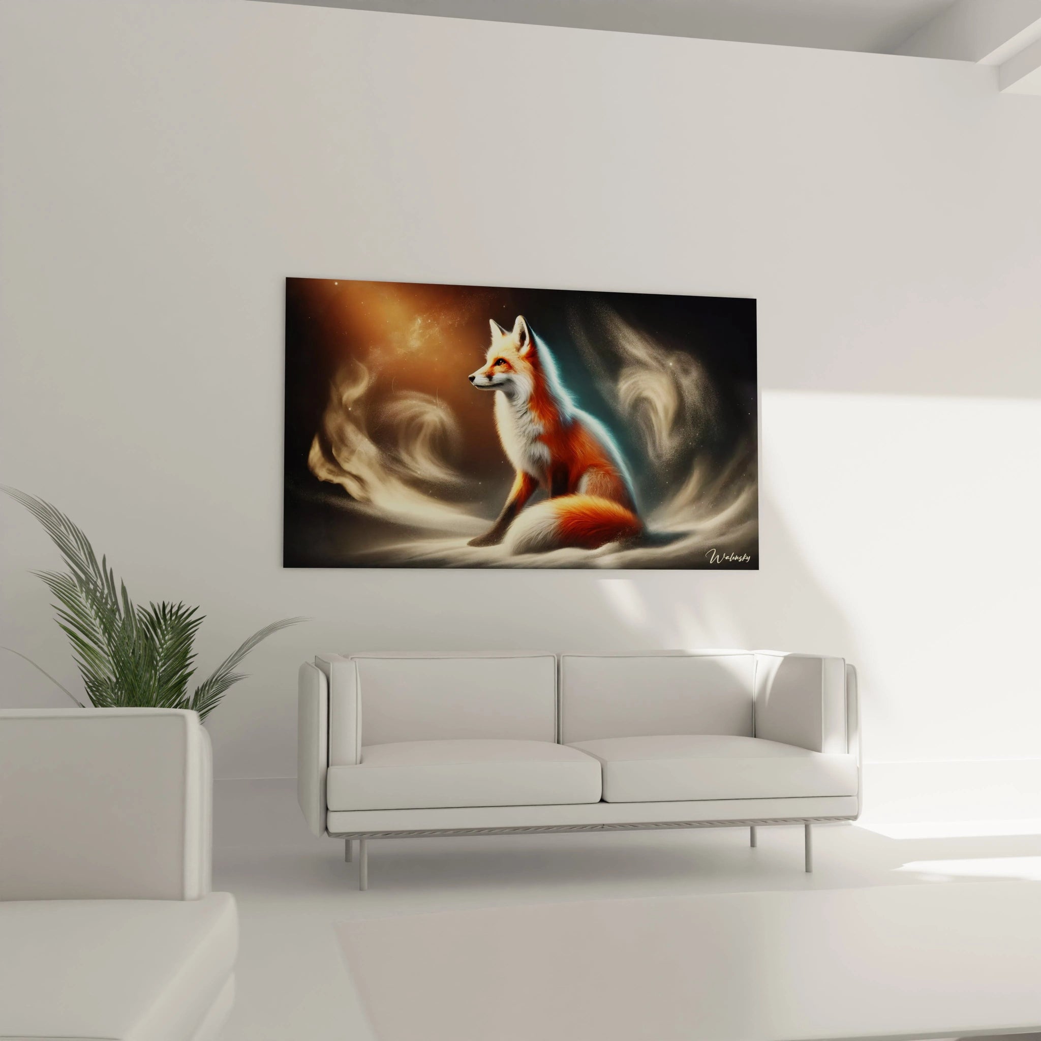 Ce tableau renard, placé au-dessus d'un canapé, illumine le salon avec son éclat mystique. Une pièce d'art qui allie modernité et charme, parfaite pour toute décoration intérieure.