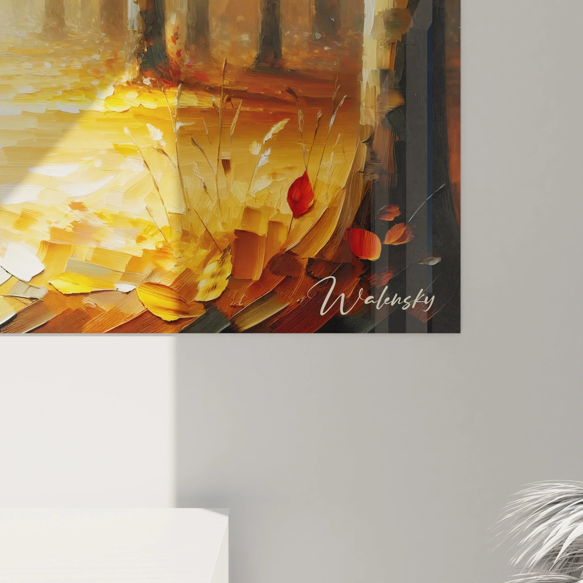 Cette vue de près du tableau renard révèle la finesse des textures et des coups de pinceau. L'élégance du renard se marie parfaitement avec les teintes chaudes de l'automne, apportant une profondeur apaisante.