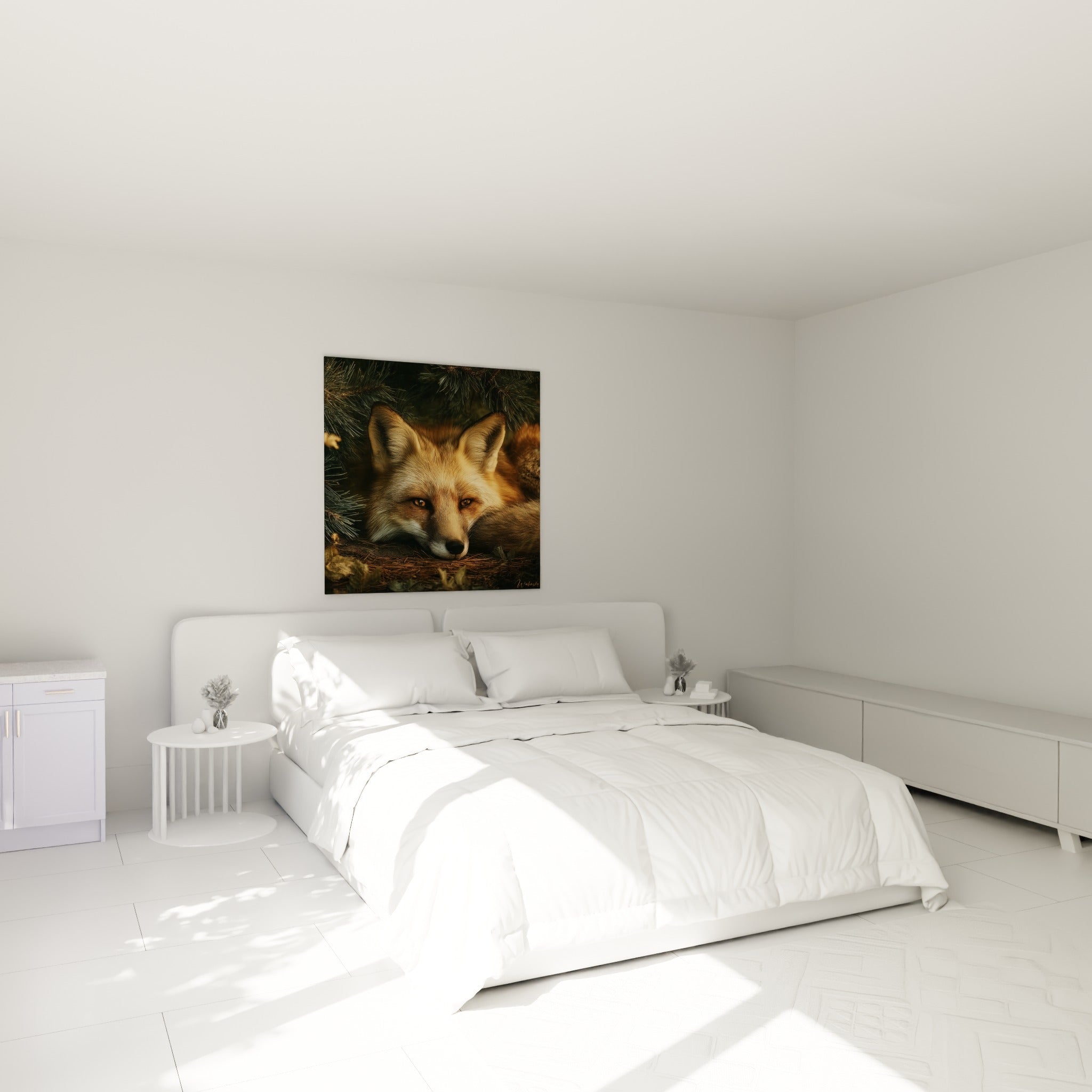 Renard fauve endormi au regard ambré accroché au-dessus d'un lit dans une chambre claire