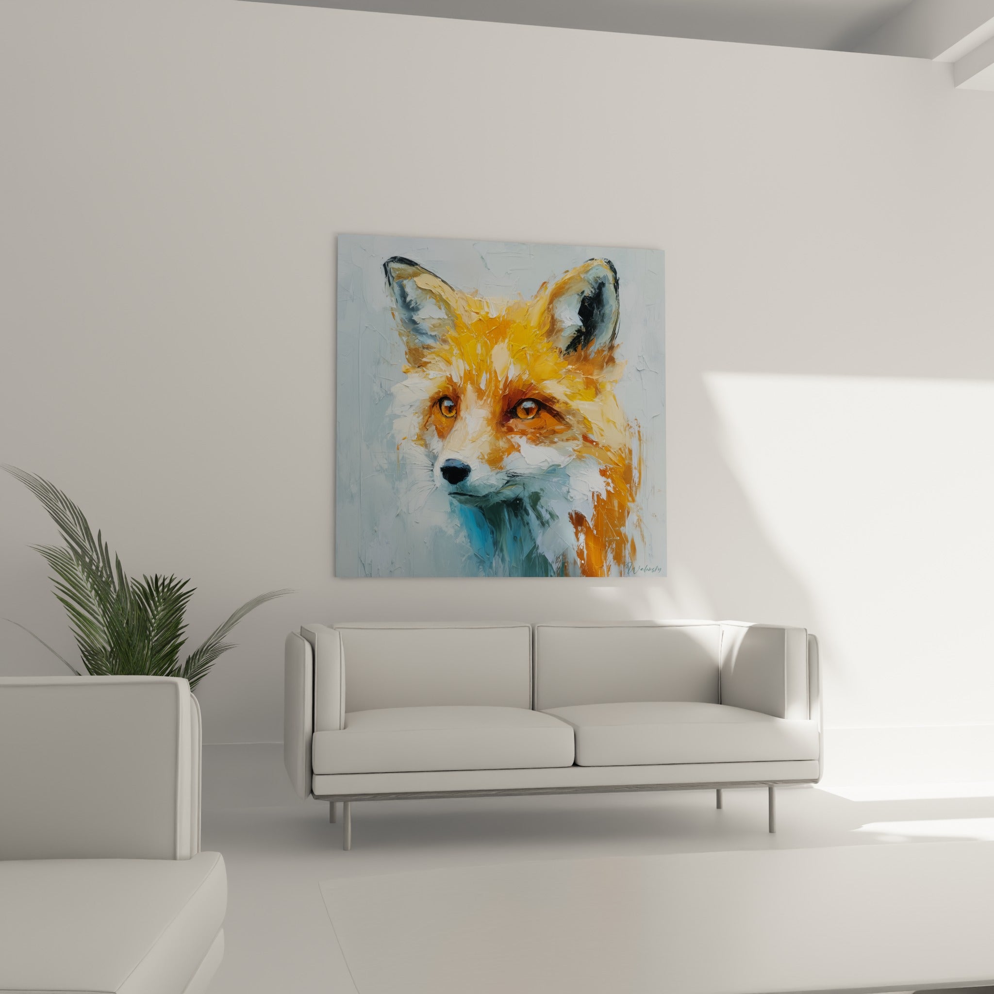 Regard perçant du renard fauve et gris-bleu suspendu au-dessus d'un canapé dans un salon lumineux