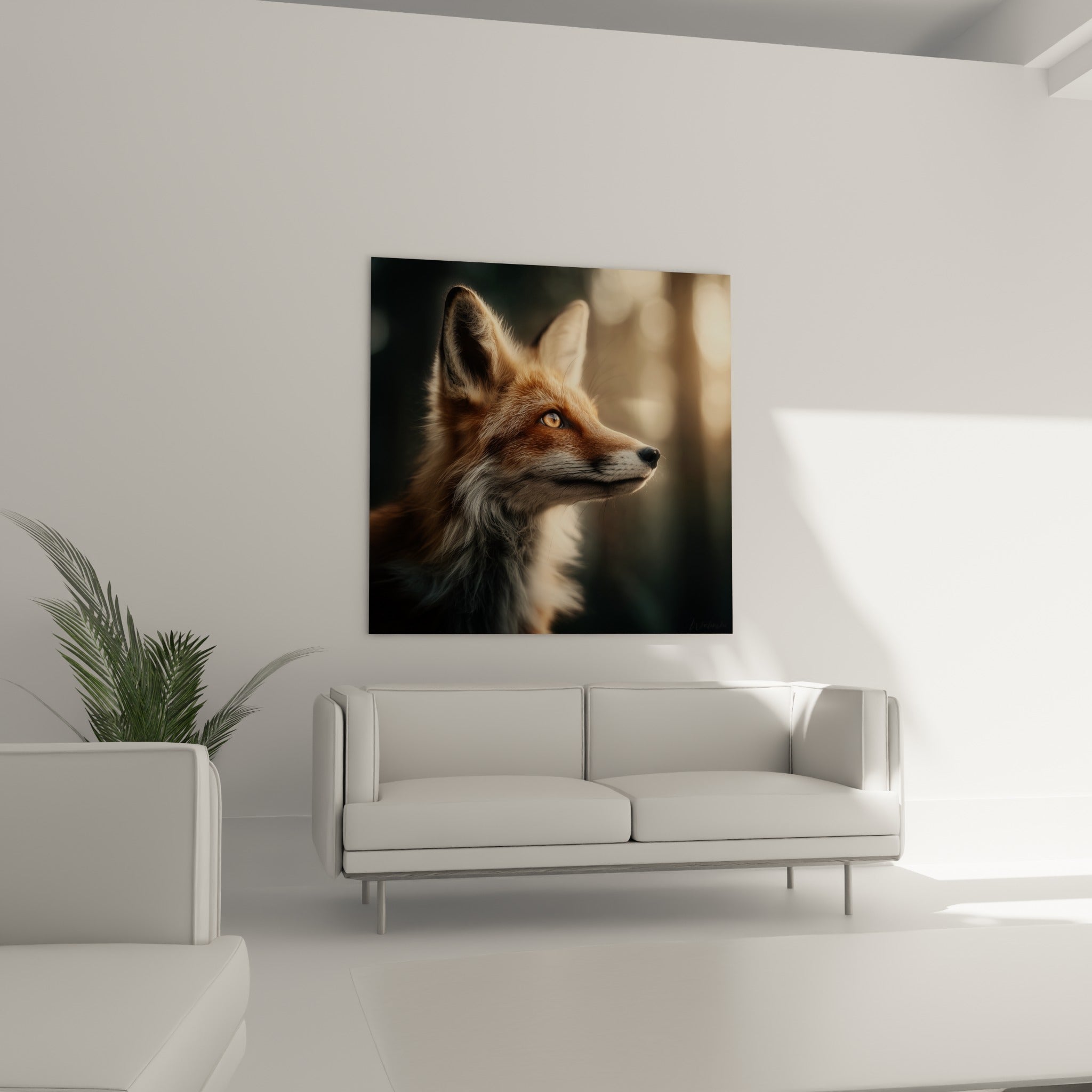 Renard fauve au museau blanc accroché au-dessus d'un canapé dans un salon lumineux