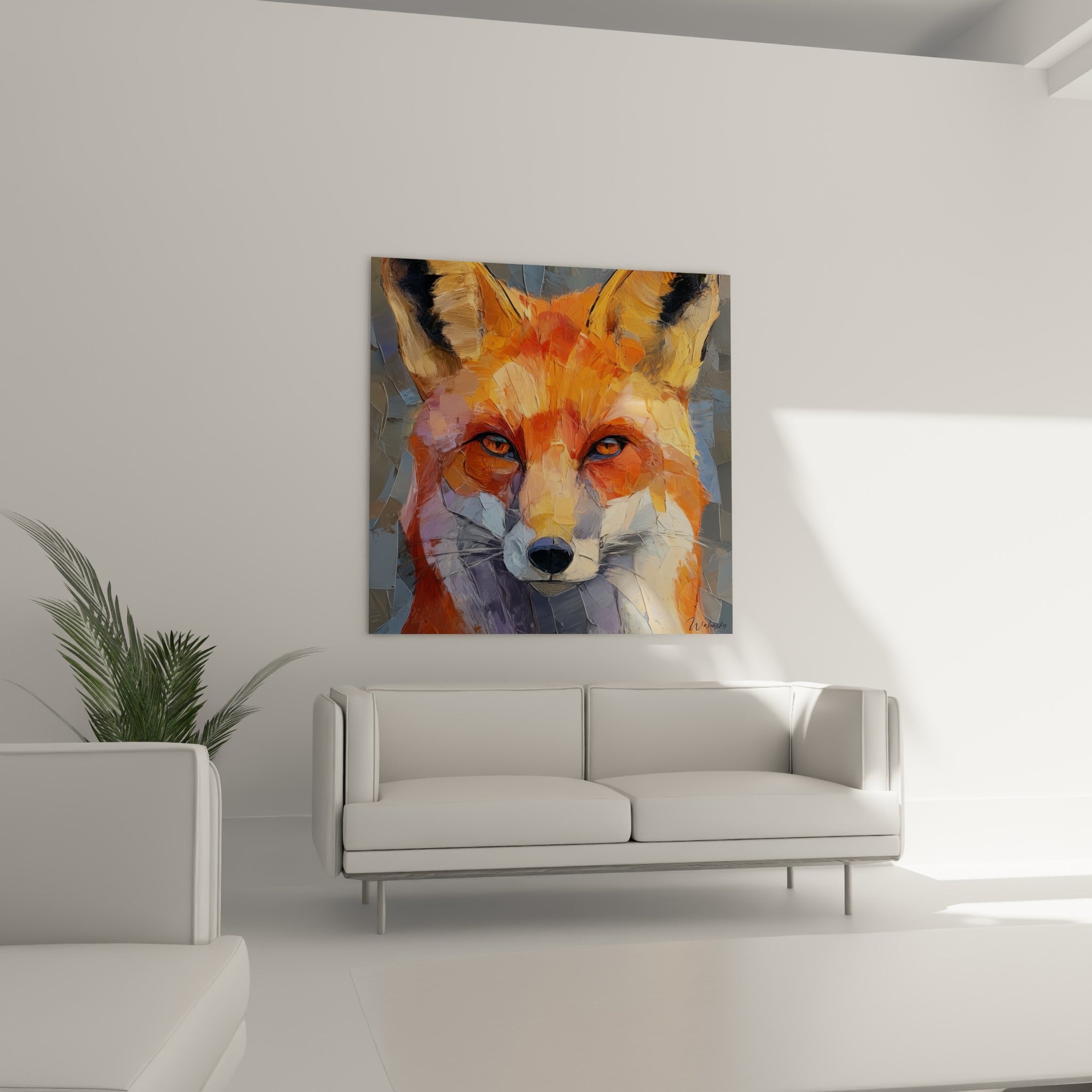 Portrait de renard fauve et gris texturé au couteau, suspendu au-dessus d'un canapé dans un salon lumineux
