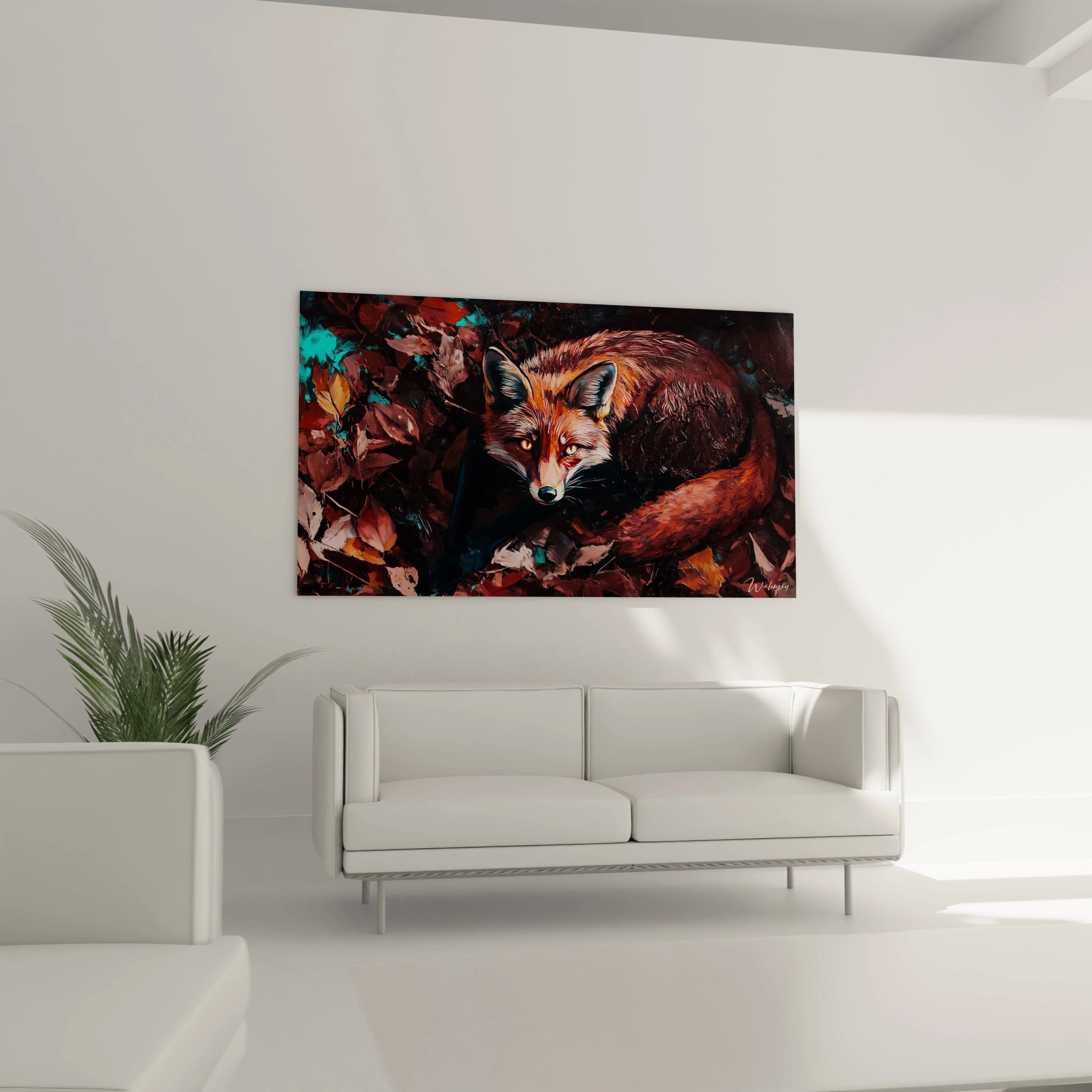 Tableau renard Walensky avec renard roux couché sur fond de feuilles automnales accroché au mur blanc