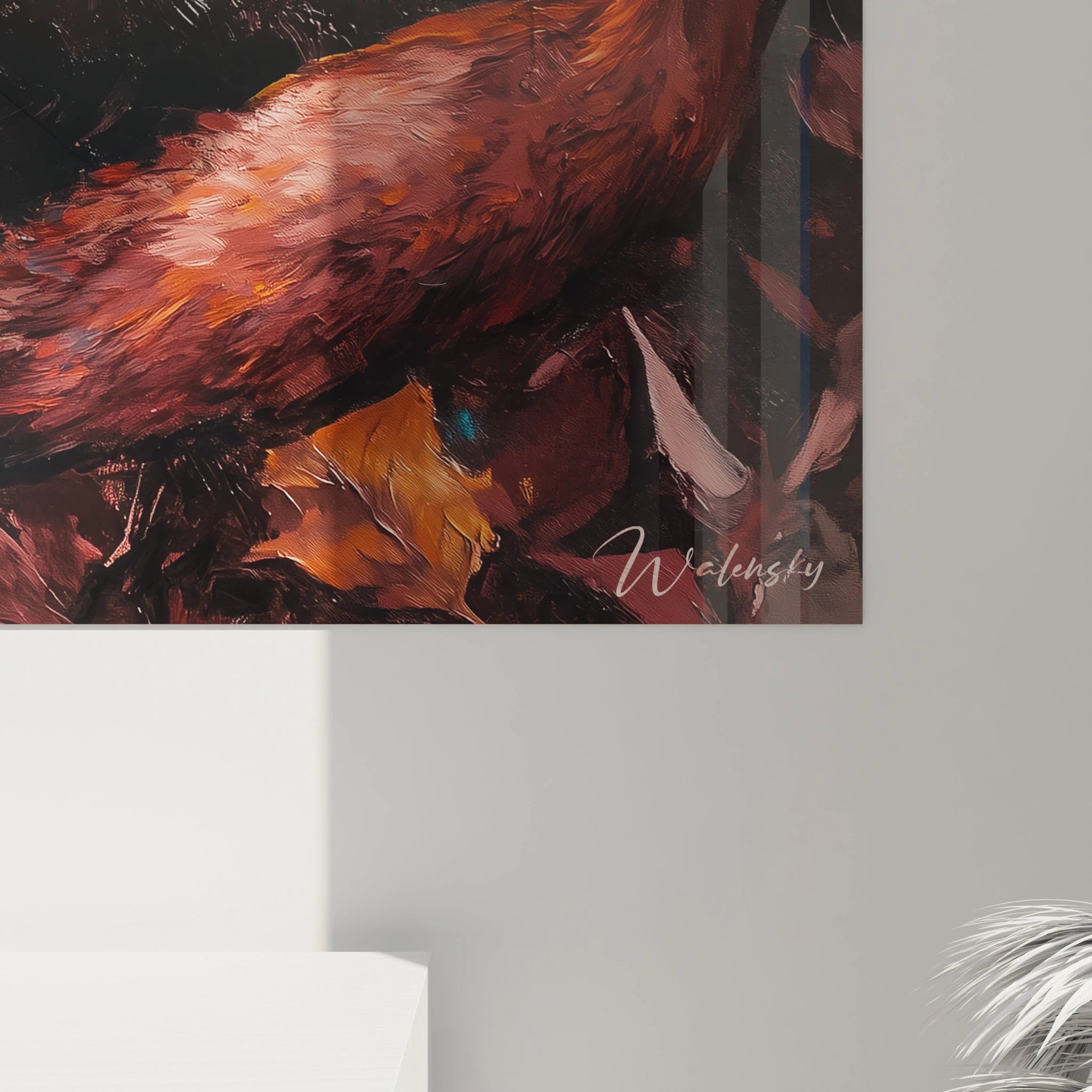 Tableau renard Walensky avec détails de pelage orange et décor automnal accroché au mur gris