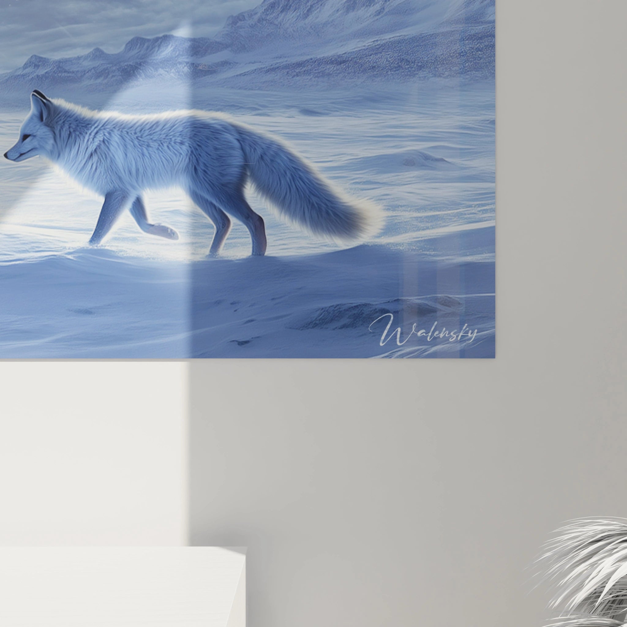 Tableau renard blanc marchant dans un paysage hivernal bleu signé Walensky