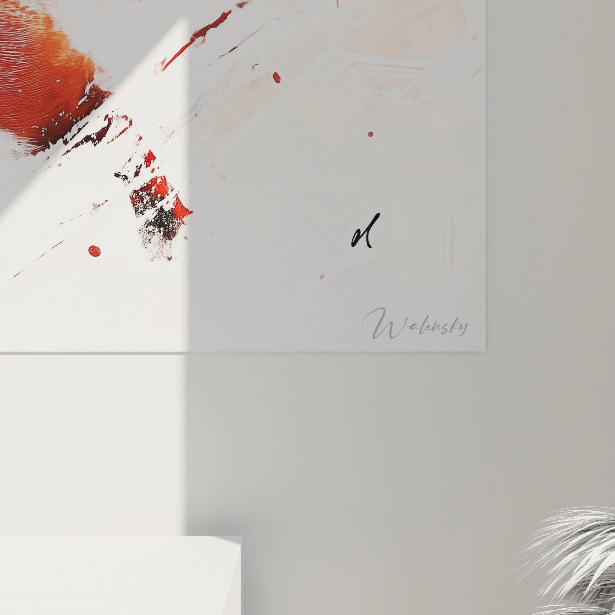 Tableau renard Walensky en style abstrait avec touches de rouge et blanc pour décoration moderne