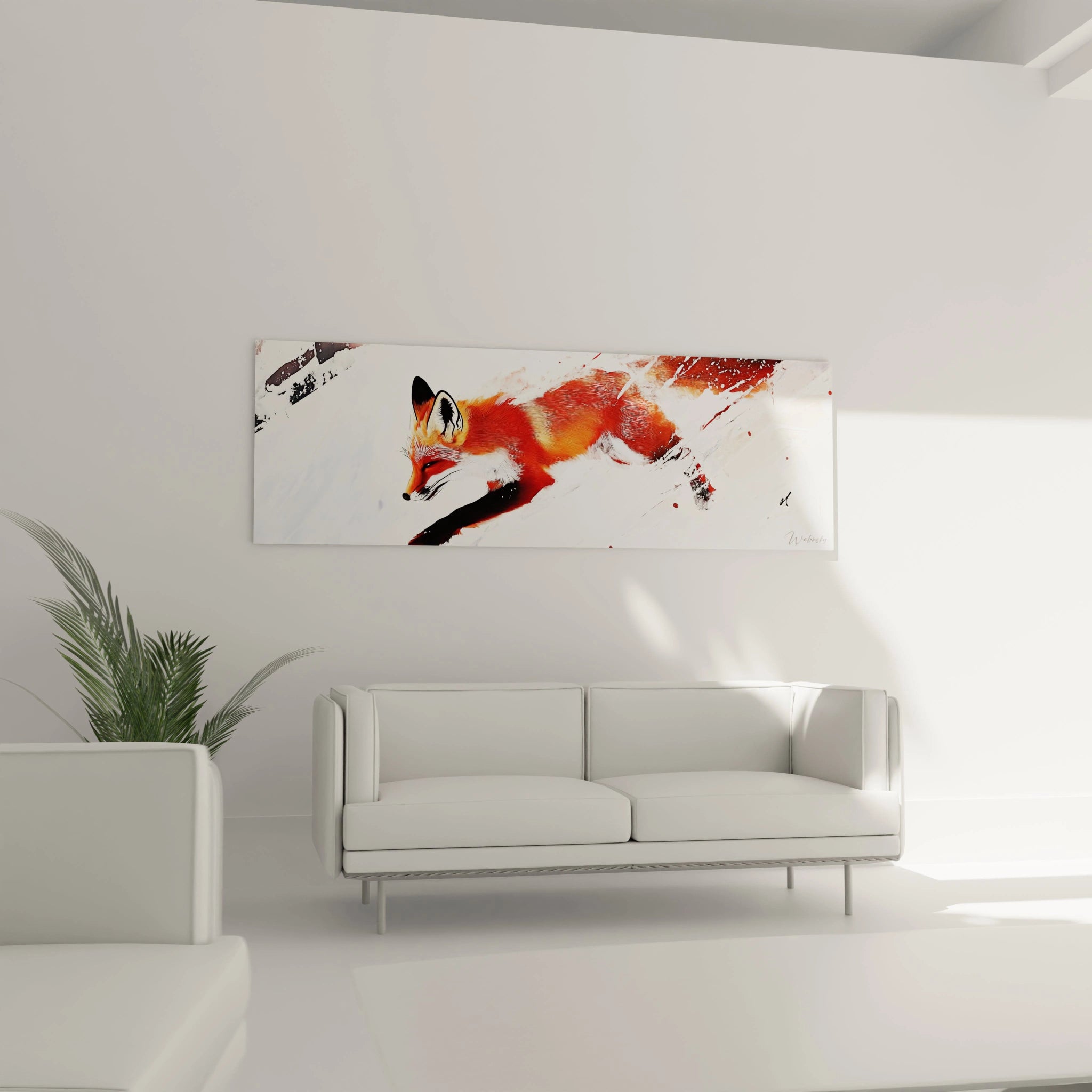 Tableau renard Walensky décoratif avec illustration orange vif dans un salon minimaliste blanc