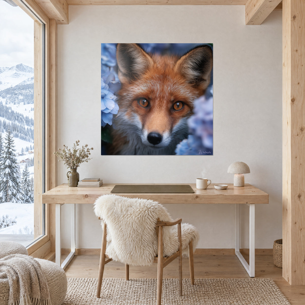 Gemälde Fuchsgesicht mit goldenen Iris, schwarzer Nase und weißen Schnurrhaaren, himmelblaue Blütenblätter, gegenüber einem Schreibtisch aus hellem Holz und einem Lederstuhl