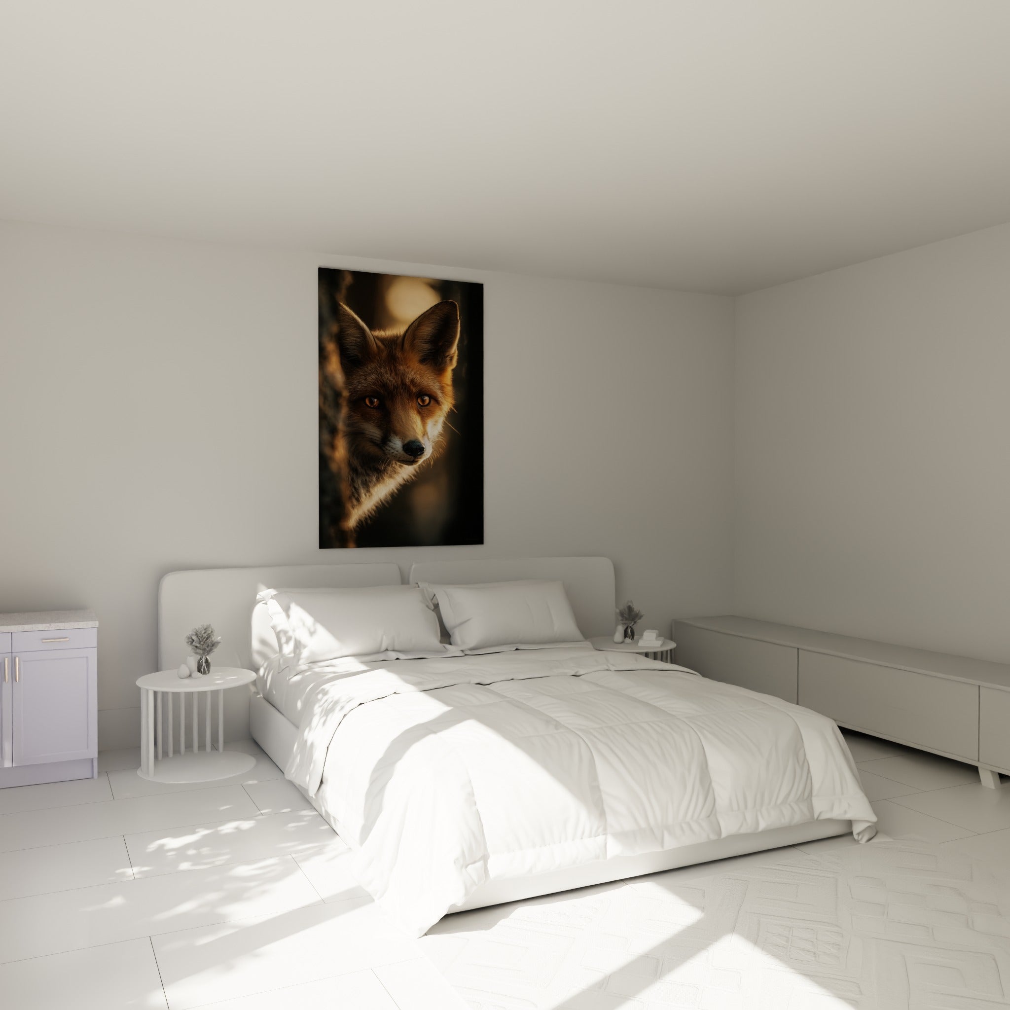 Museau blanc et regard ambré du renard roux au-dessus d'un lit dans une chambre claire